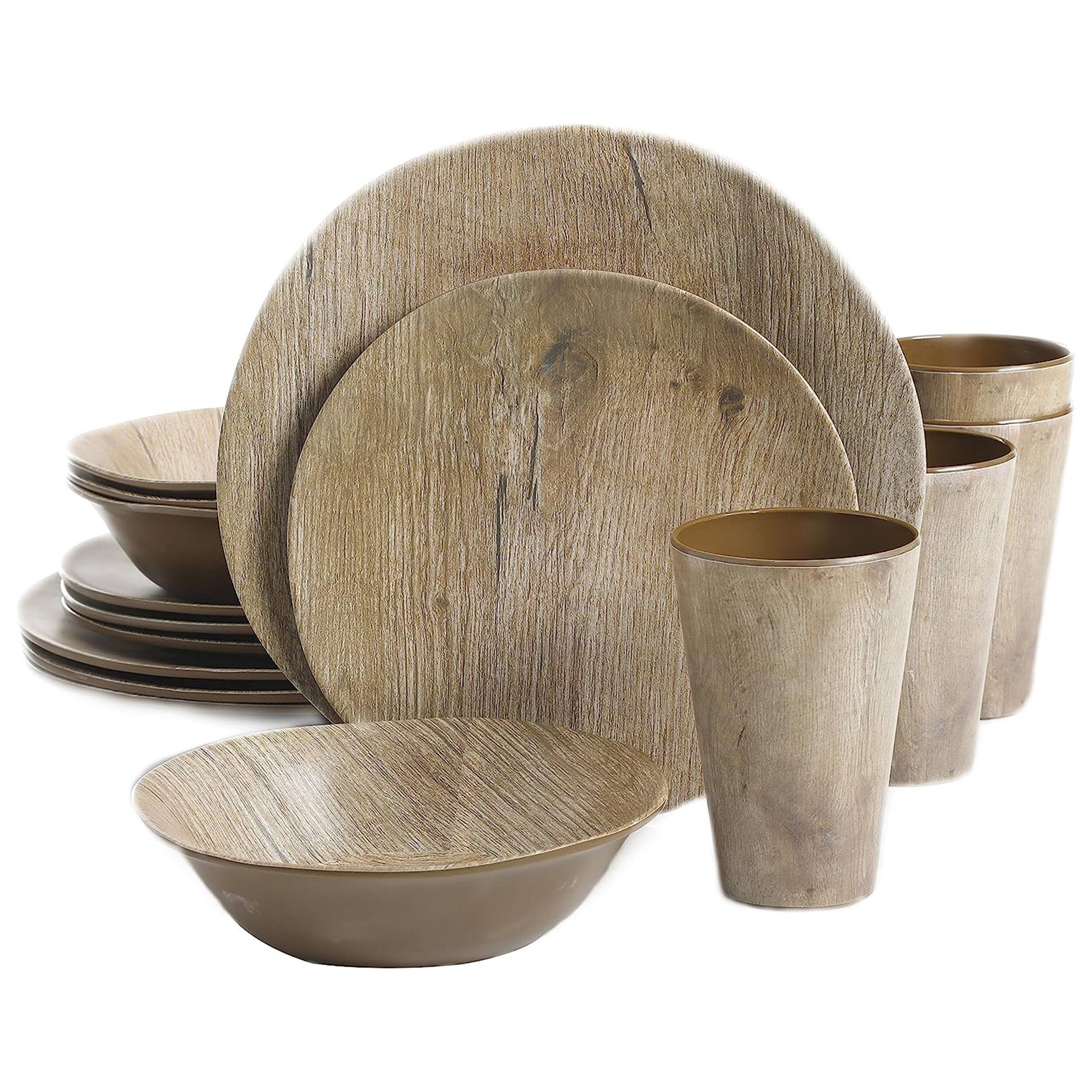 Gibson - Elite Woodlands 16 Piece Melamine Wood Grain Decal Dinnerware Set - Brown