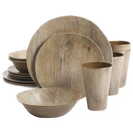 Gibson - Elite Woodlands 16 Piece Melamine Wood Grain Decal Dinnerware Set - Brown