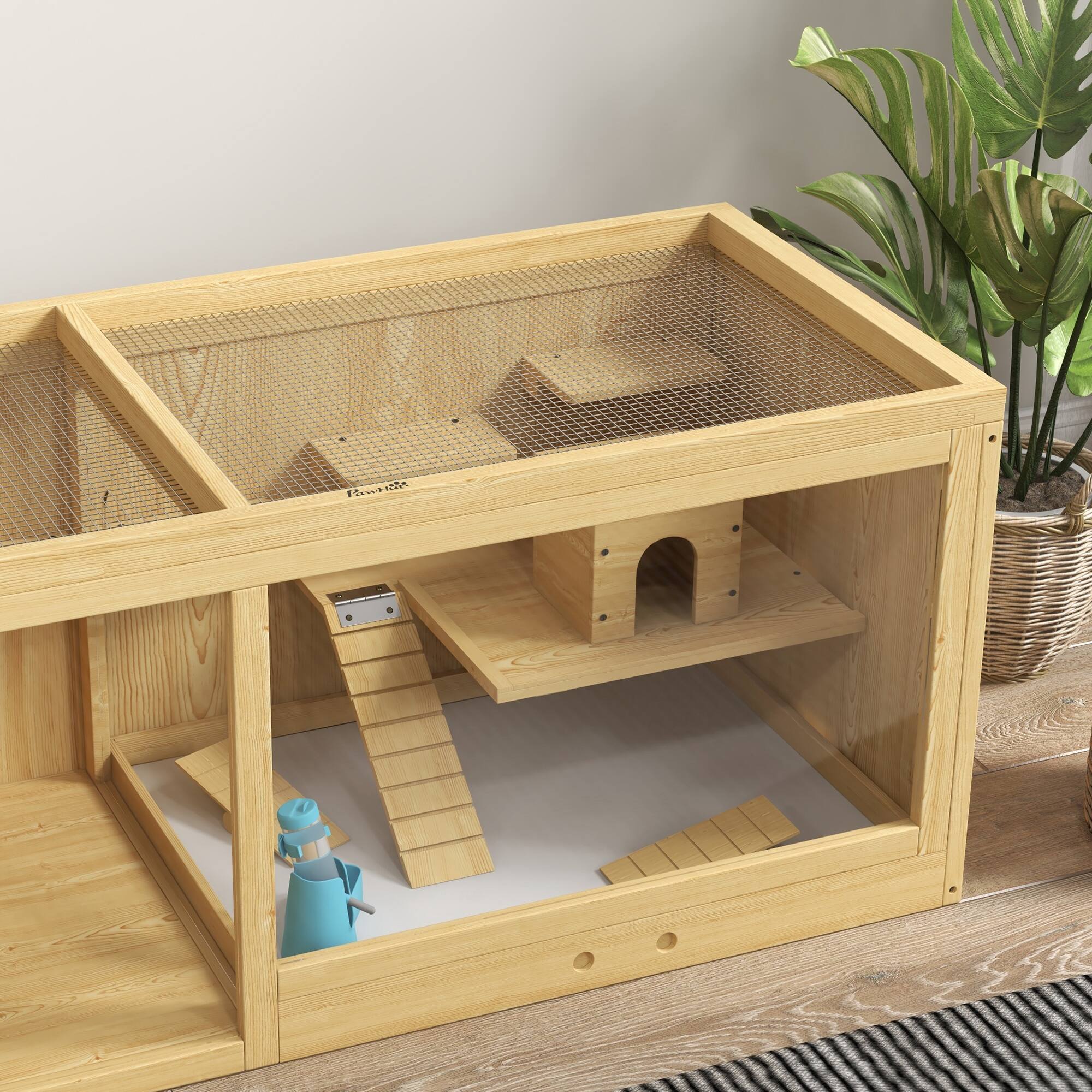Alt View 5. Pawhut - Extra Large Multi-Layer Wooden Hamster Cage, Activity Center with Pull-out Tray, Seesaws, Water Bottle, Ladder.