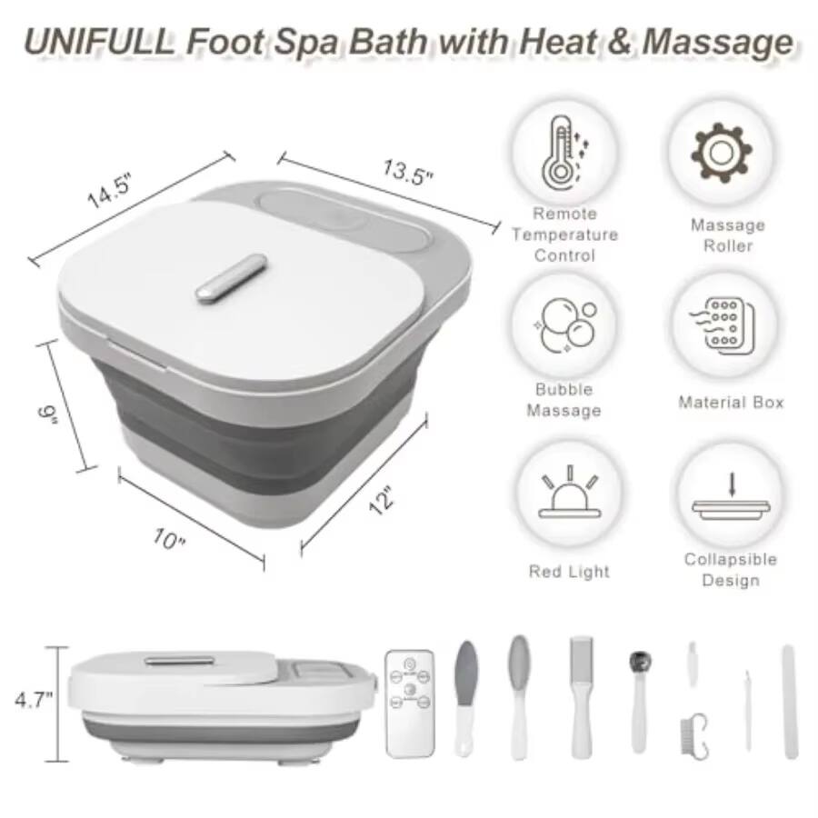 UNIFULL Foot Spa Bath with Heat & Massage

- 14.5" x 13.5" x 9"
- 10" x 12" x 4.7"
- Remote Temperature Control
- Massage Roller
- Bubble Massage
- Material Box
- Red Light
- Collapsible Design