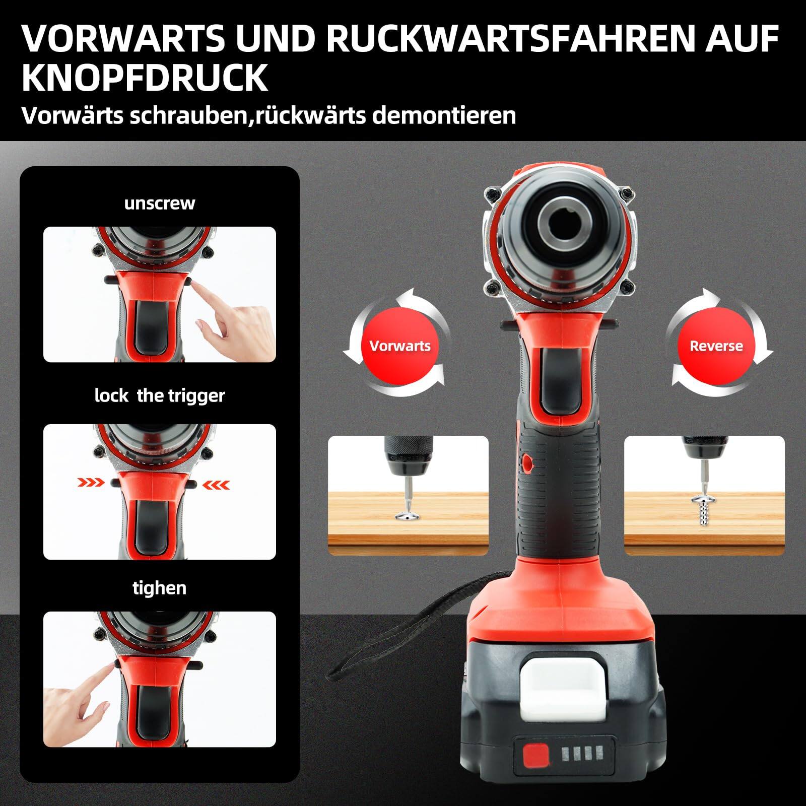 VORWÄRTS UND RÜCKWÄRTSFAHREN AUF KNOPFDRUCK  
Vorwärts schrauben, rückwärts demontieren  

- unscrew  
- lock the trigger  
- tighten  

Vorwärts  
Reverse