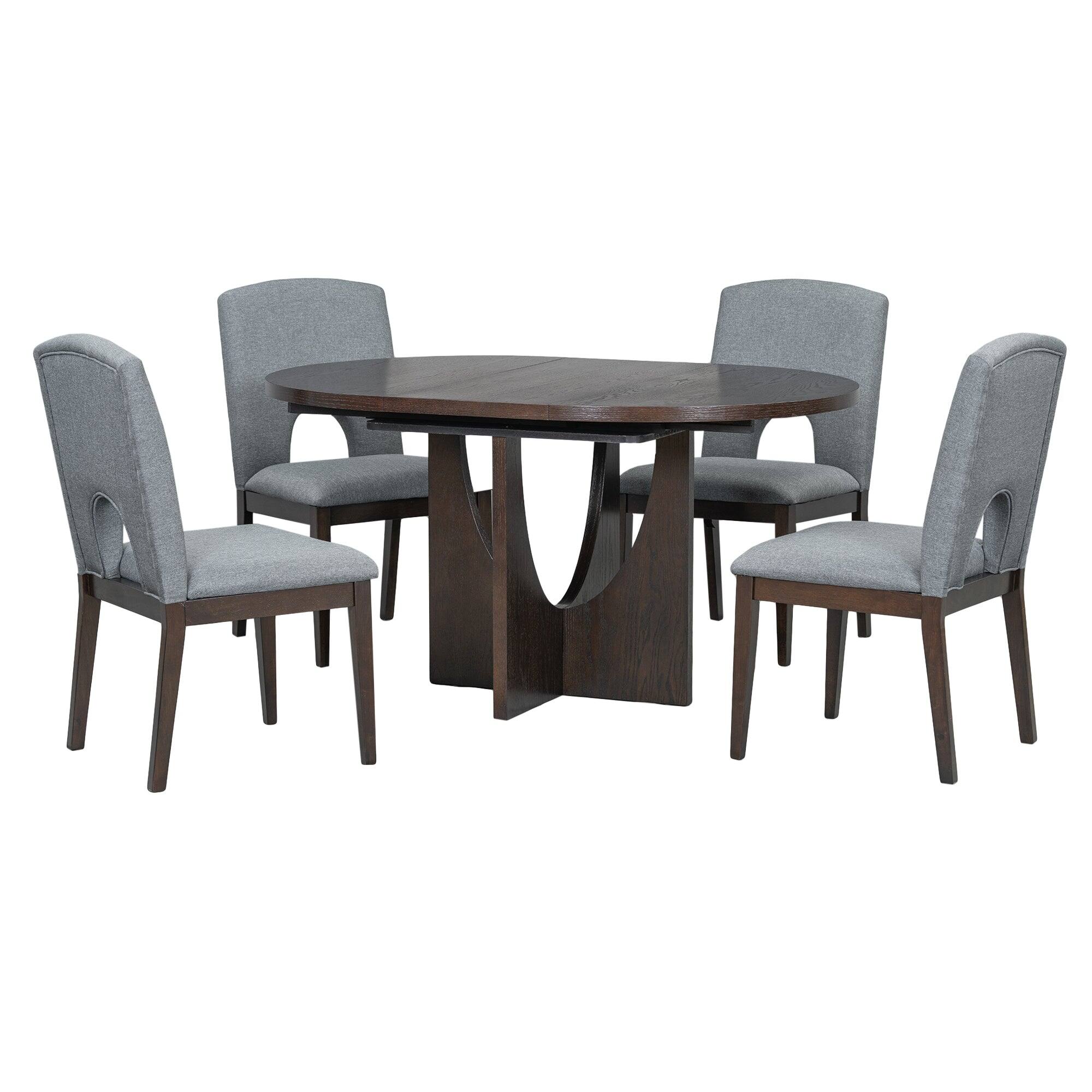 Front. Boyel Living - 5-Piece Expandable Round Dining Set for Small Spaces with Gray Cushion in Dark Brown - Espresso+Gray.
