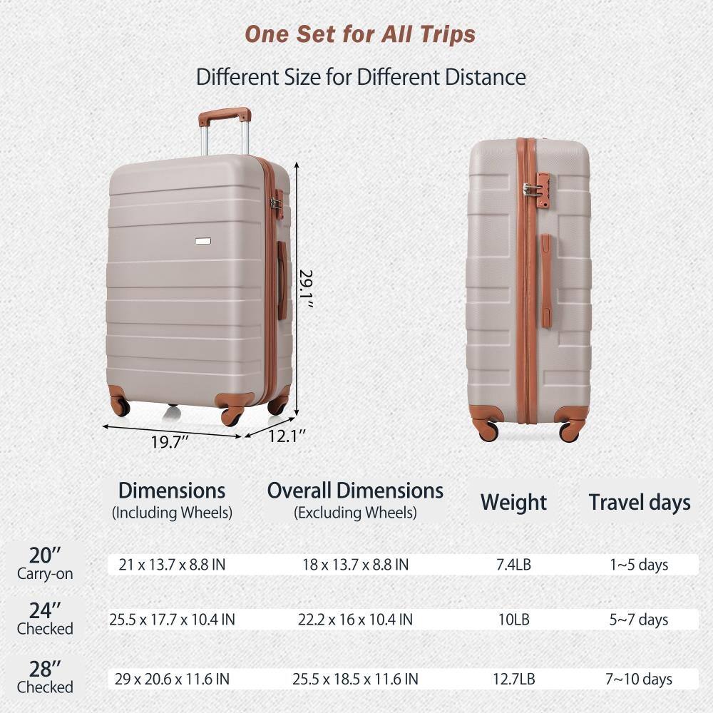 One Set for All Trips  
Different Size for Different Distance  

Dimensions (Including Wheels)  
20" Carry-on: 21 x 13.7 x 8.8 IN  
24" Checked: 25.5 x 17.7 x 10.4 IN  
28" Checked: 29 x 20.6 x 11.6 IN  

Overall Dimensions (Excluding Wheels)  
20" Carry-on: 18 x 13.7 x 8.8 IN  
24" Checked: 22.2 x 16 x 10.4 IN  
28" Checked: 25.5 x 18.5 x 11.6 IN  

Weight  
20" Carry-on: 7.4LB  
24" Checked: 10LB  
28" Checked: 12.7LB  

Travel days  
20" Carry-on: 1~5 days  
24" Checked: 5~7 days  
28" Checked: 7~10 days