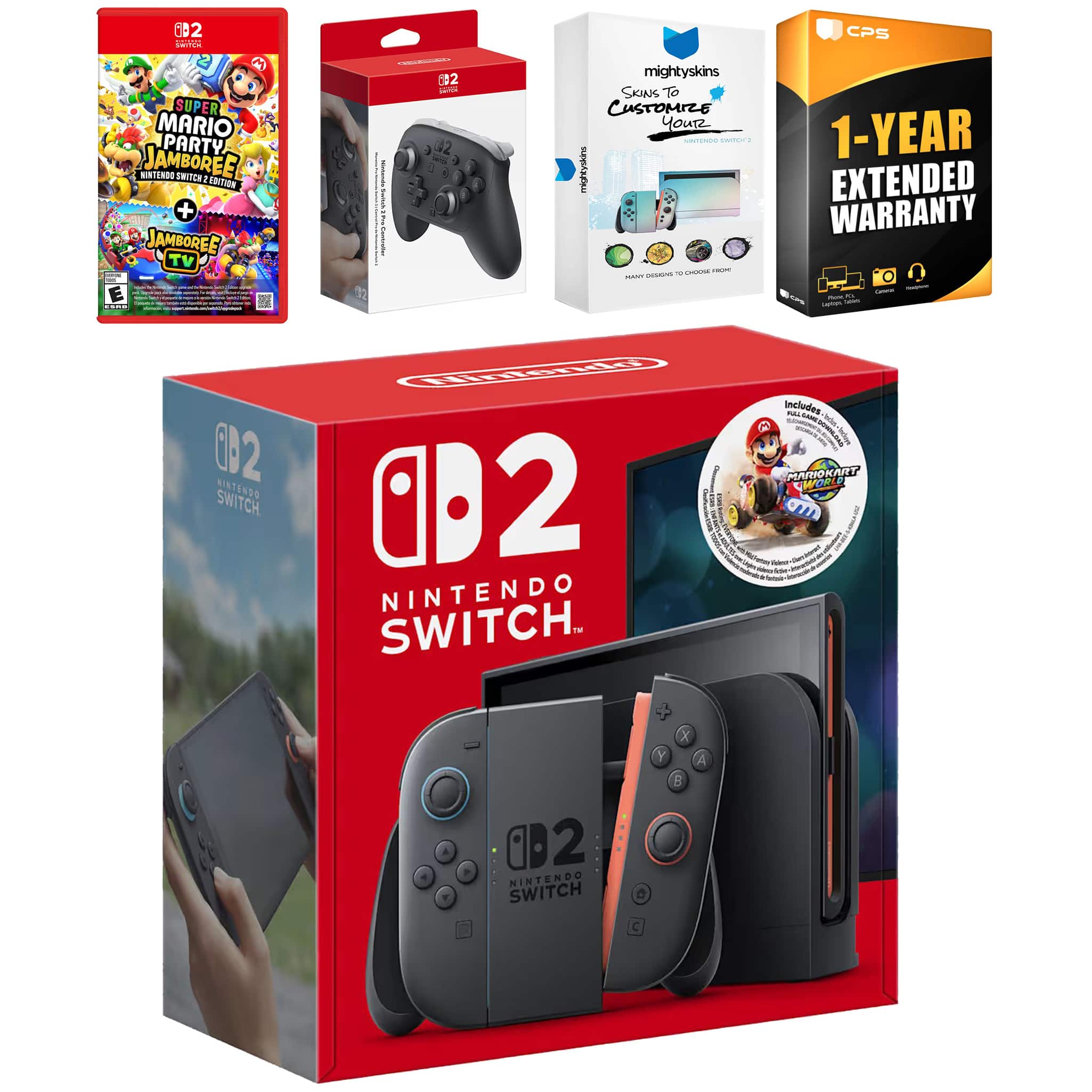 Switch 2 + Mario Kart World Bundle with Super Mario Party Jamboree, Pro Controller, MightySkins Code and 1 CPS - Nintendo Switch 2