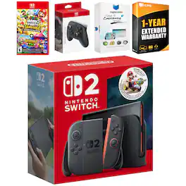 Switch 2 + Mario Kart World Bundle with Super Mario Party Jamboree, Pro Controller, MightySkins Code and 1 CPS - Nintendo Switch 2