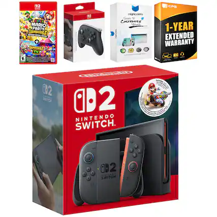 - **Nintendo Switch Console:**
- Includes: Mario Kart 8 Deluxe Game
- 1-Year Extended Warranty
- Mightyskins Skins to Customize Your Switch
- Jamboree TV
- **Super Mario Party Jamboree:**
- Nintendo Switch + Jamboree TV Edition
- **Mightyskins:**
- Skins to Customize Your Nintendo Switch
- **1-Year Extended Warranty:**
- Covers: Console, Joy-Con, Dock, AC Adapter, and Game