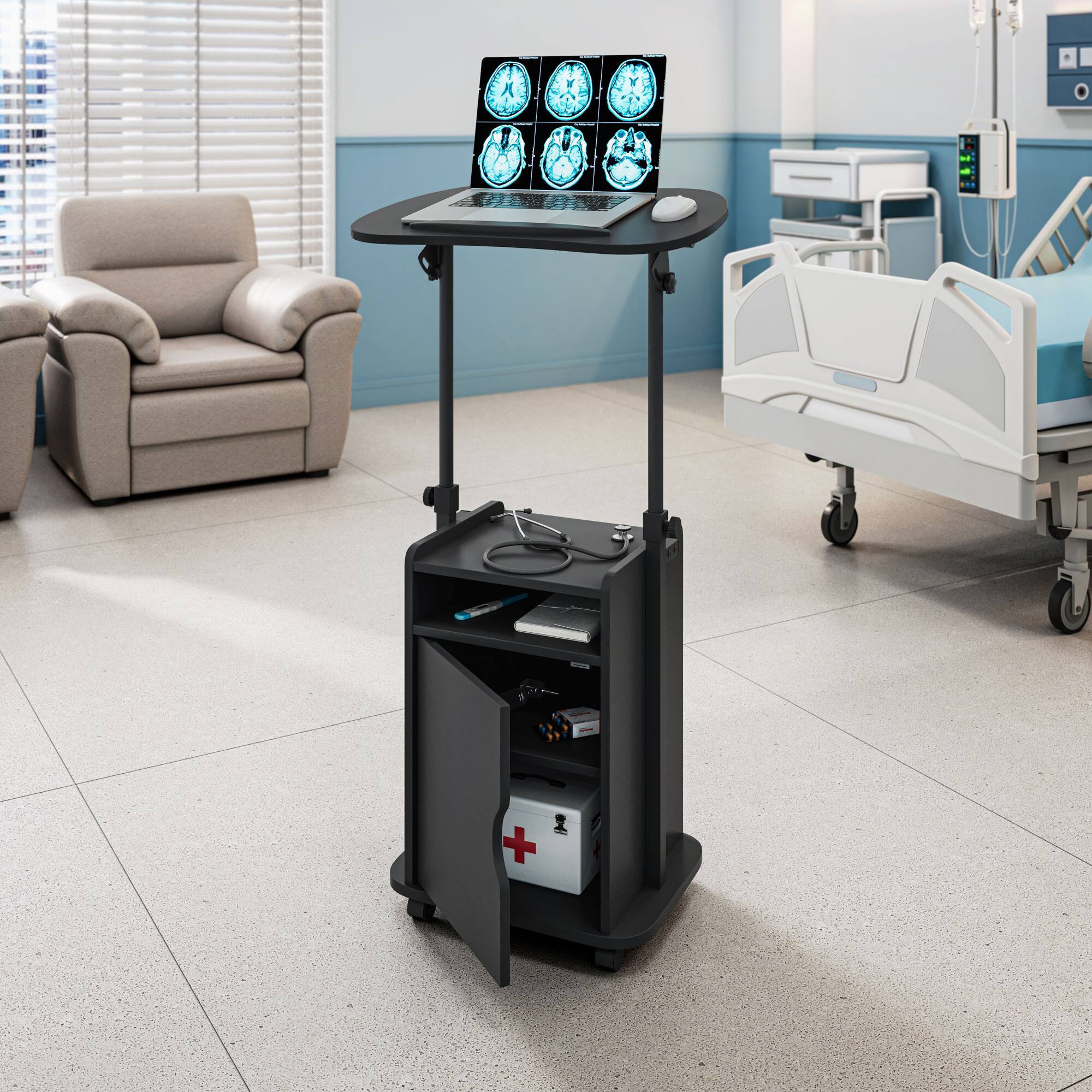 Alt View 1. GOODSILO - Adjustable Sit-to-Stand Rolling Laptop Cart with Concealed Storage and Mobile Workstation Design - Black.