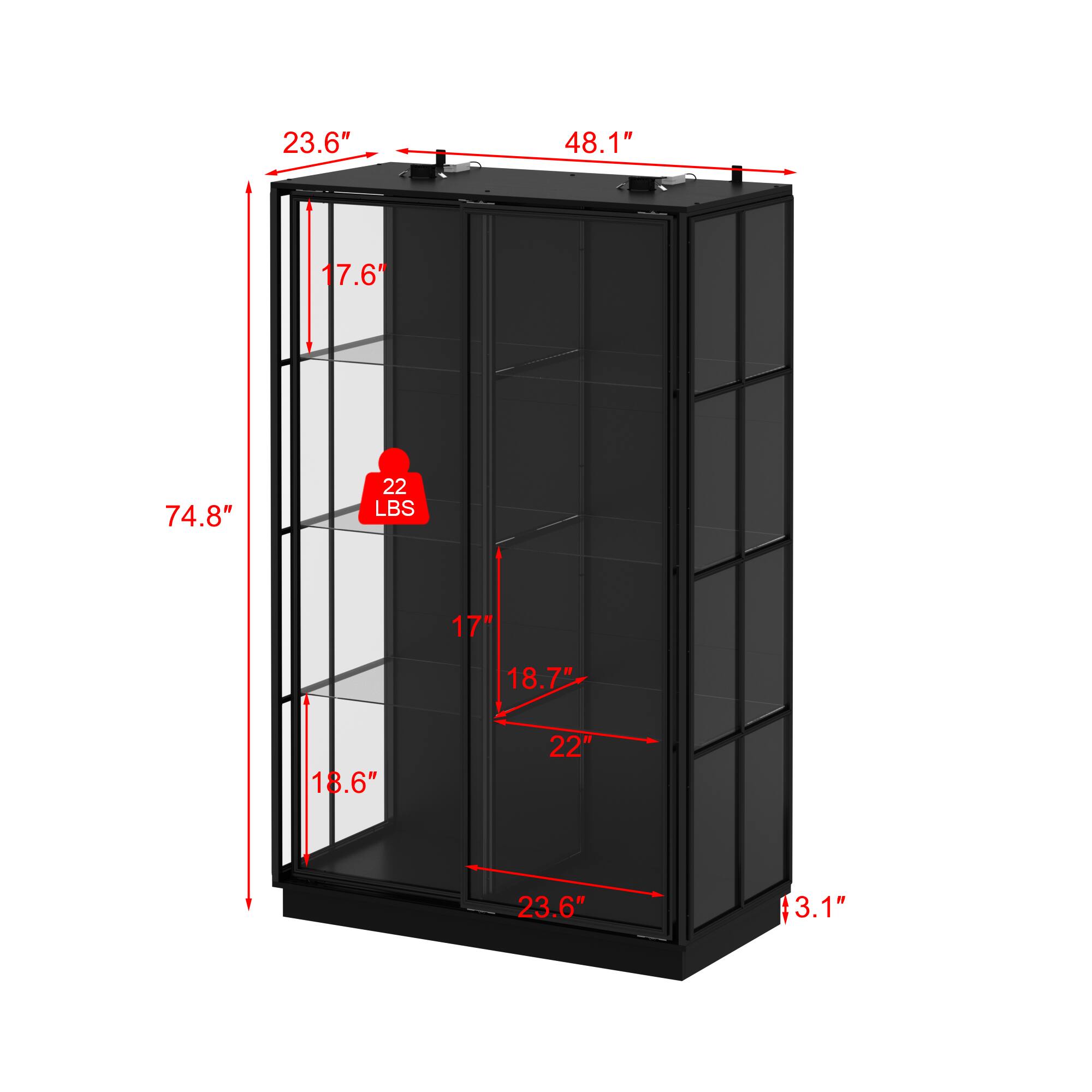 23.6", 48.1", 17.6", 74.8", 22 LBS, 17", 18.7", 18.6", 22", 23.6", 3.1"