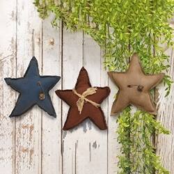 Angle. BreeBe - 3/Set Distressed Stuffed Primitive Star Ornaments - Red, Blue, Ivory.