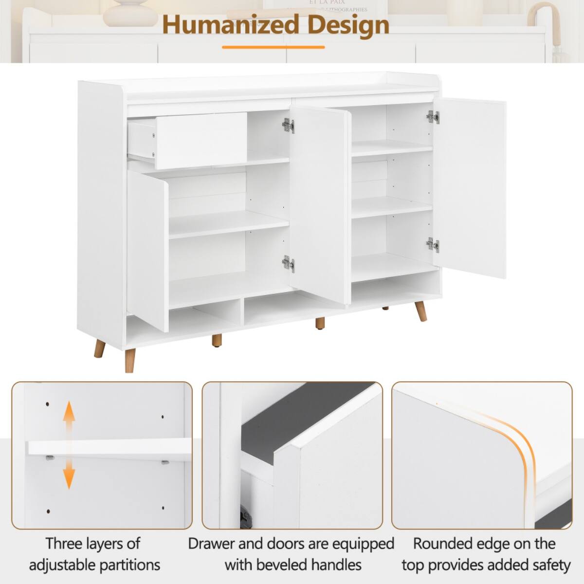 Humanized Design

- Three layers of adjustable partitions
- Drawer and doors are equipped with beveled handles
- Rounded edge on the top provides added safety