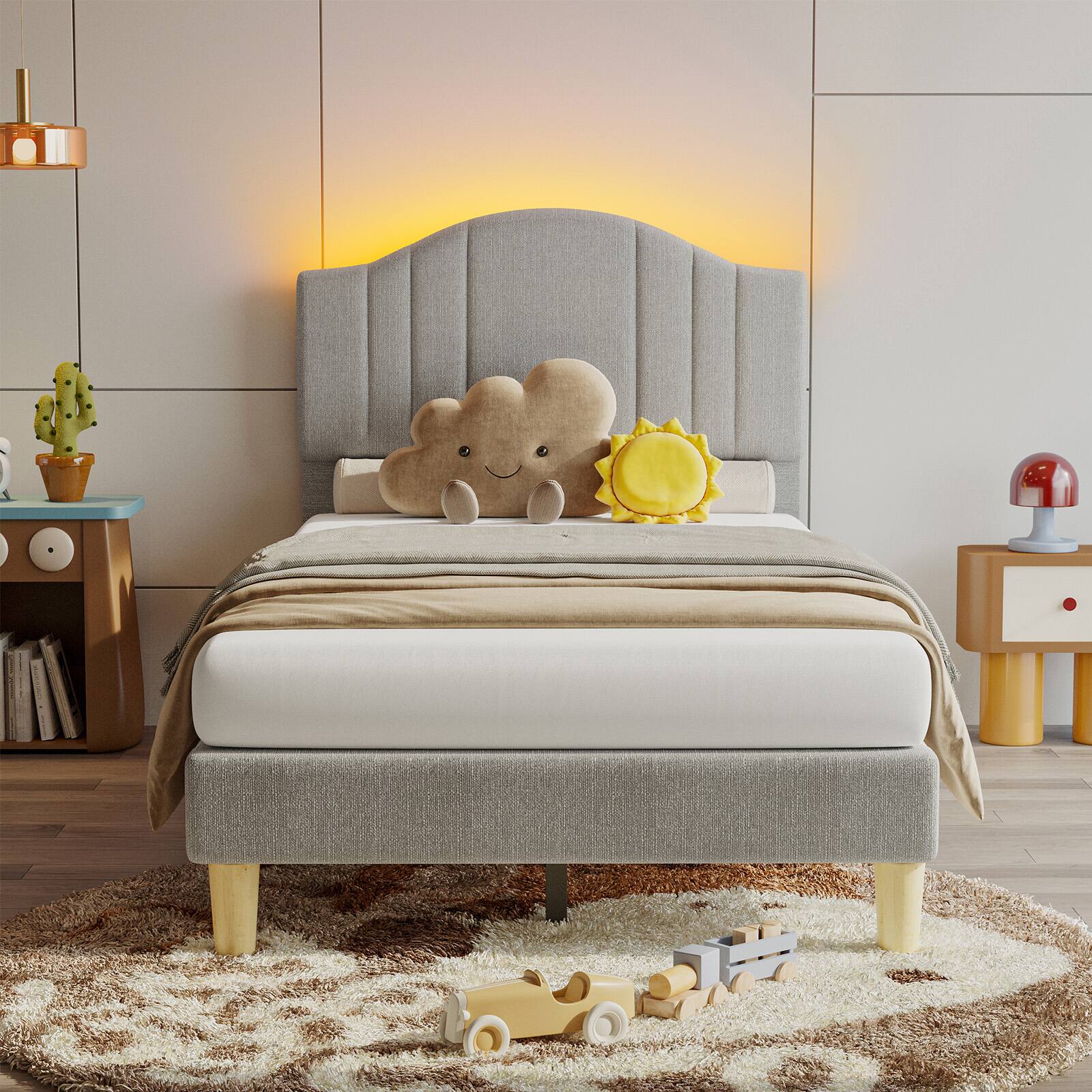 Angle. Pinmoco - Pinmoco - Upholstered Platform Bed Frame with Adjustable LED Arc Headboard - Fabric Gray.