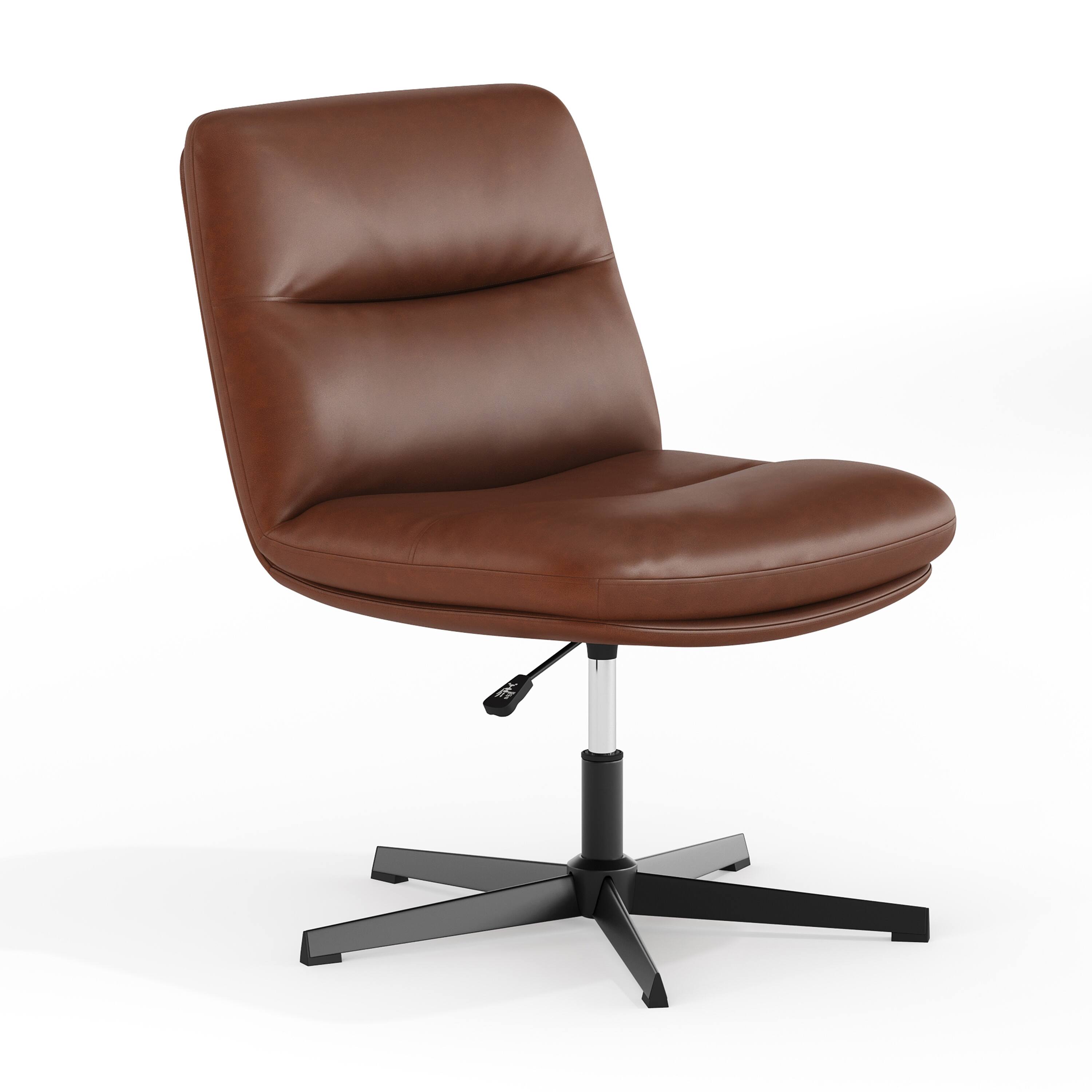 Front. Emma + Oliver - Mid-Back Swivel Office Chair with Padded Upholstery & Sturdy Frame - Cognac Faux Leather/Black Frame.