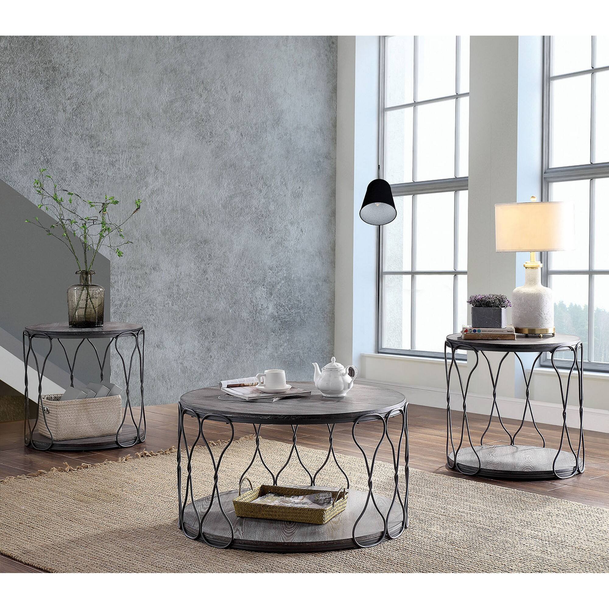 Alt View 1. Manhattan Lane - Round Industrial Style Metal and Solid Wood End Table with Open Bottom Shelf, Gray and Brown - Gray and Brown.