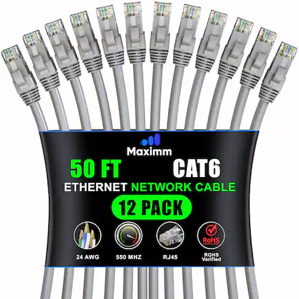 Maximm 50 FT CAT6 ETHERNET NETWORK CABLE 12 PACK
RoHS COMPLIANT
24 AWG
550 MHZ
RJ45
RoHS Verified