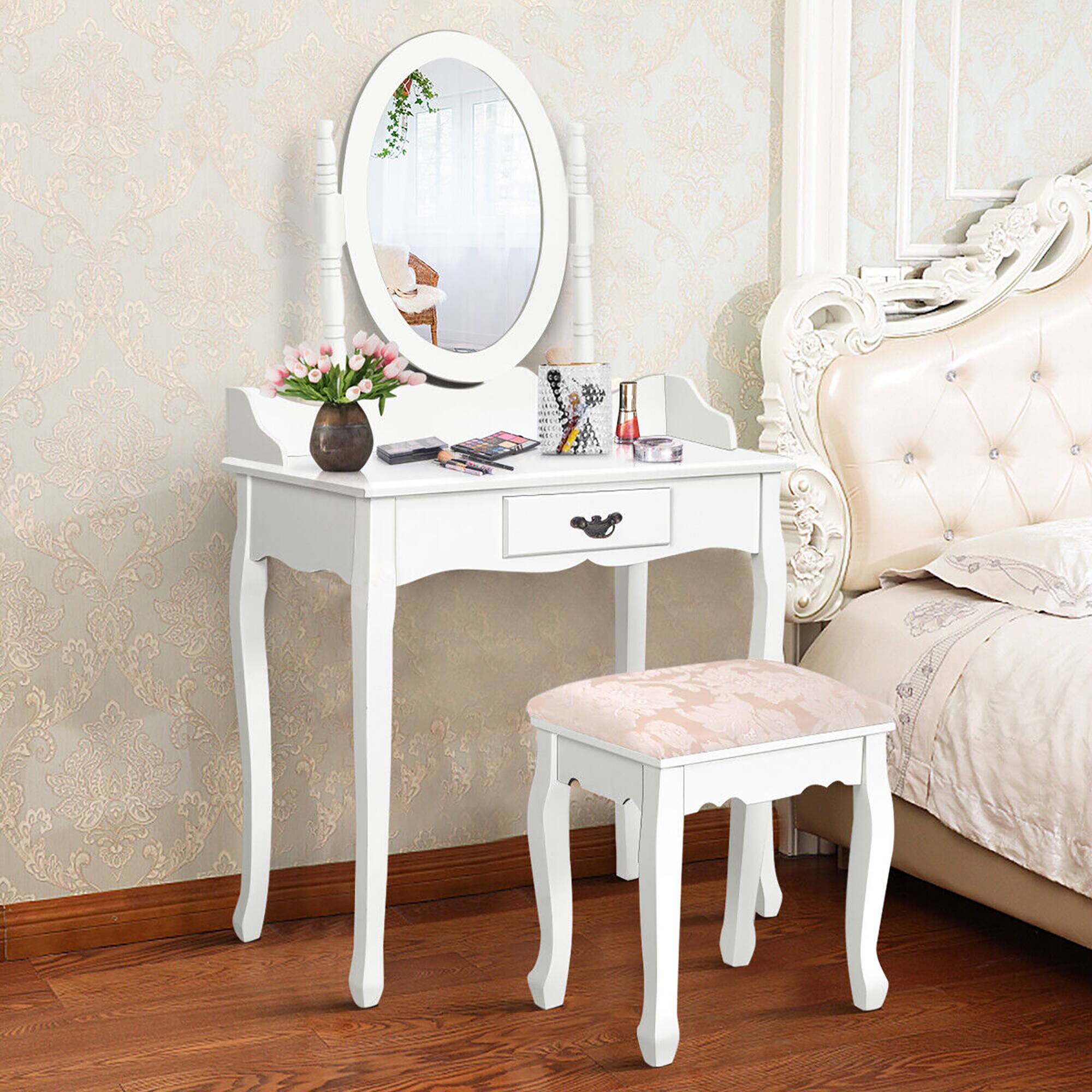 Alt View 5. Gymax - Gymax Vanity Wood Makeup Dressing Table Stool Set w/ Drawer & Mirror Jewelry Desk White - White.