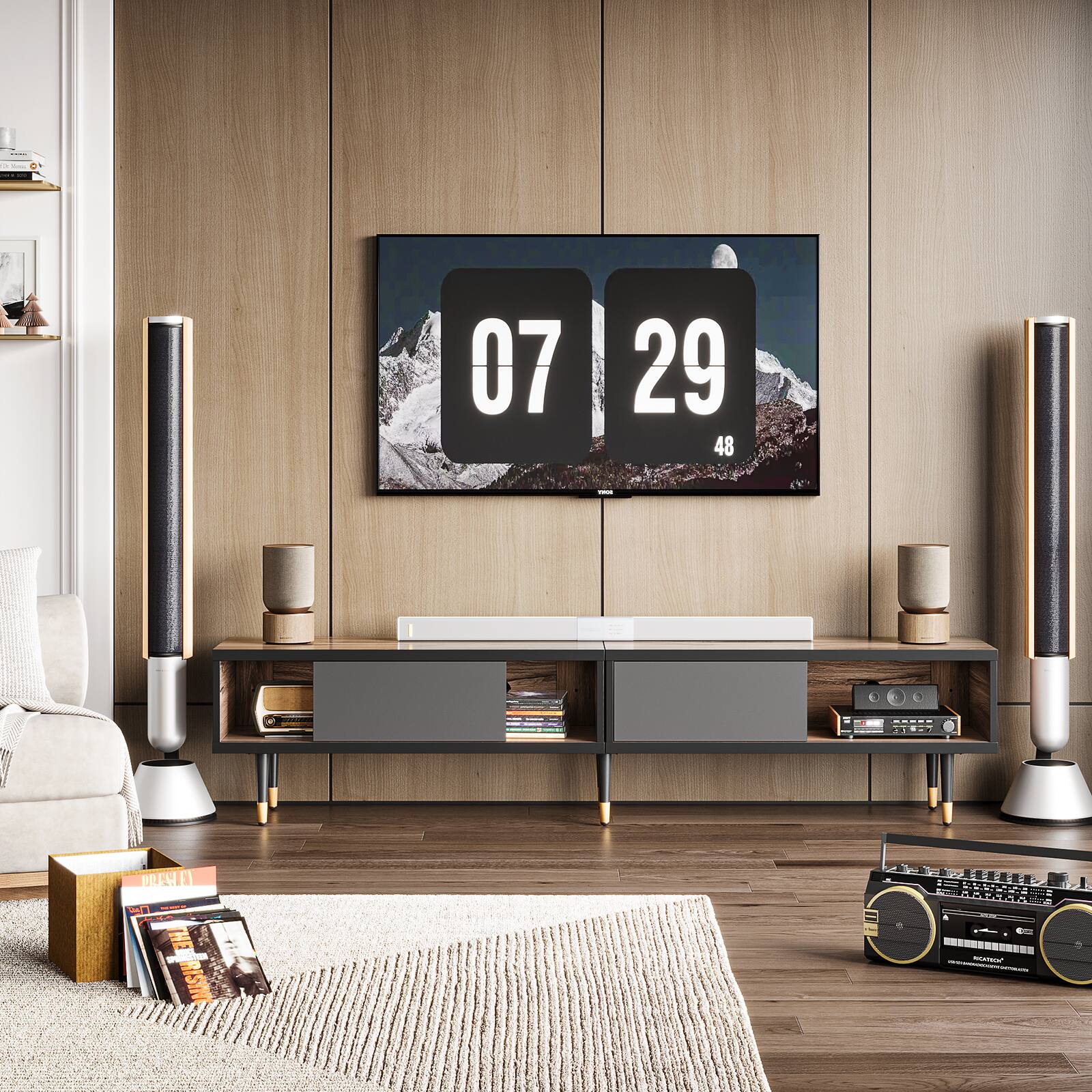 Alt View 1. Bestier - Bestier 80-Inch Mid-Century Modern Coffee Table with Sliding Doors for Living Room - Pinewood.