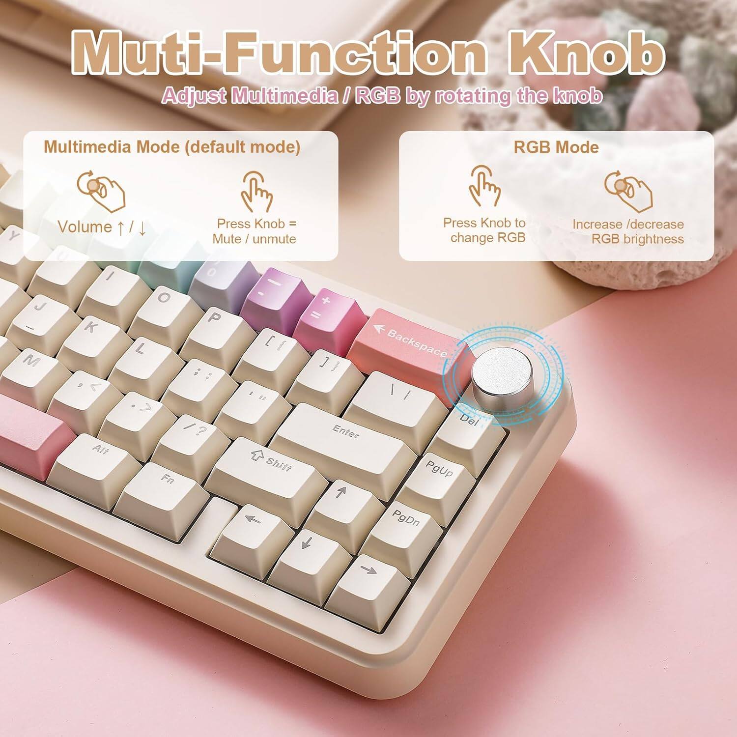The text on the image can be grouped and corrected as follows:

**Multi-Function Knob**

- **Adjust Multimedia / RGB by rotating the knob**

  - **Multimedia Mode (default mode)**
    - Volume: Increase / Decrease
    - Press Knob = Mute / Unmute

  - **RGB Mode**
    - Press Knob to change RGB
    - Increase / Decrease RGB brightness

**Keyboard Keys:**
- Backspace
- Alt
- Fn
- Shift
- Enter
- Del
- PgUp
- PgDn