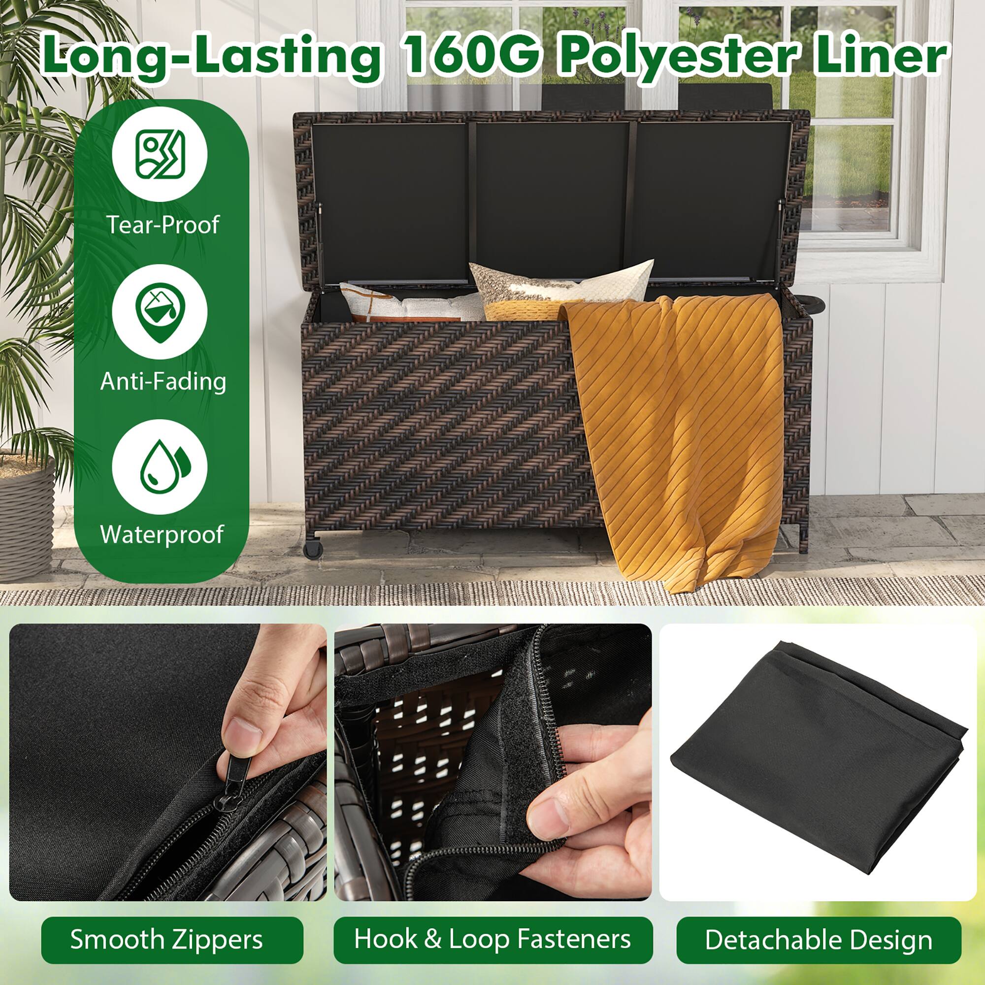 Long-Lasting 160G Polyester Liner

- Tear-Proof
- Anti-Fading
- Waterproof

Smooth Zippers
Hook & Loop Fasteners
Detachable Design