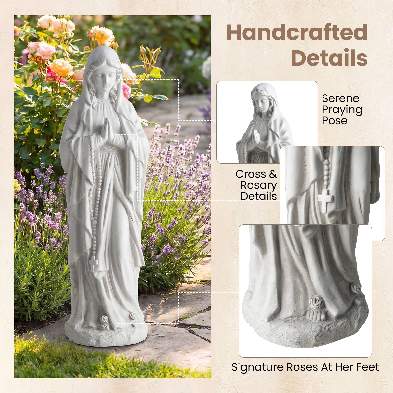 Handcrafted Details

- Serene Praying Pose
- Cross & Rosary Details
- Signature Roses At Her Feet