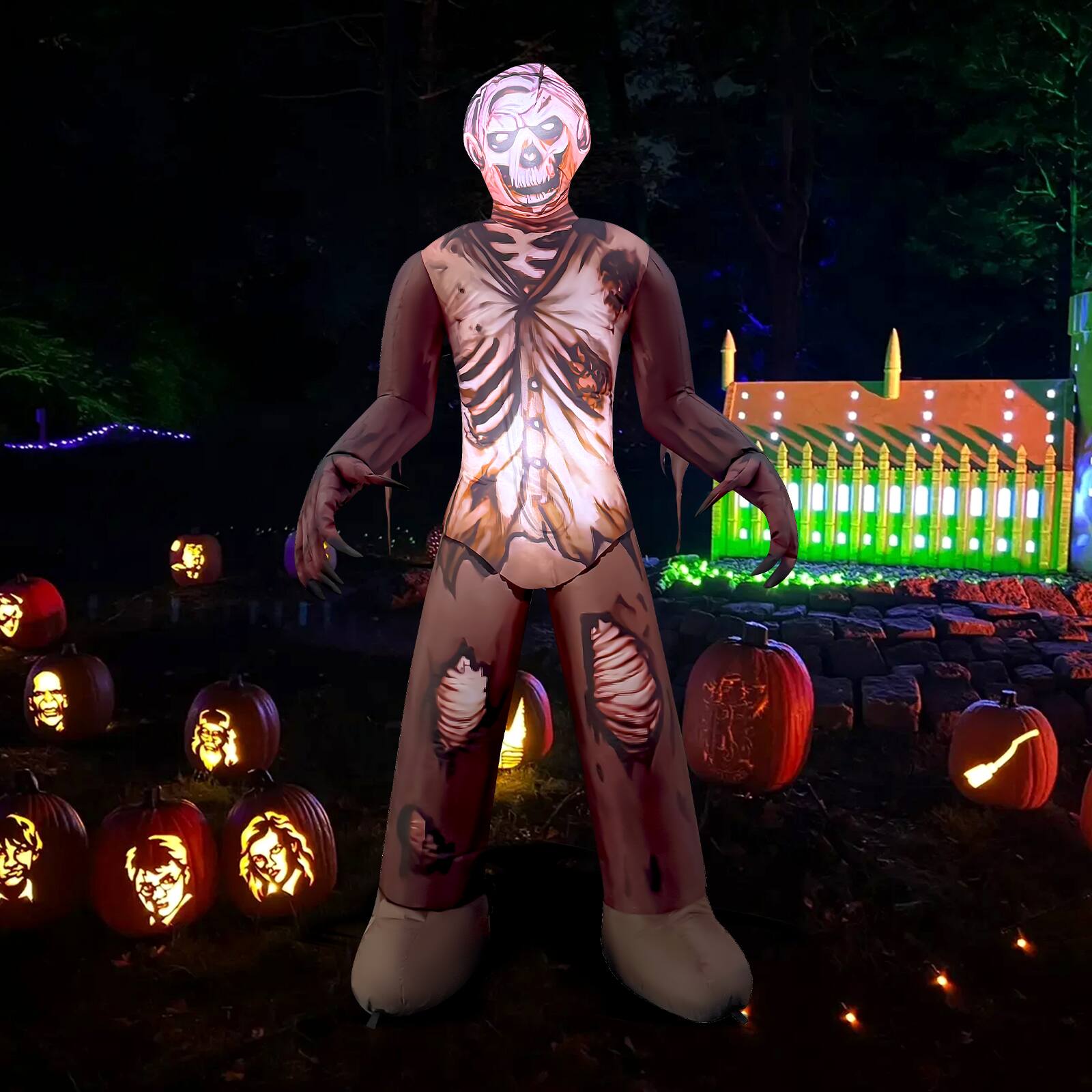 Left. GOOSH Inflatables - GOOSH 6FT Inflatable Zombie Skeleton – Light-Up Halloween Yard Decoration - Brown.