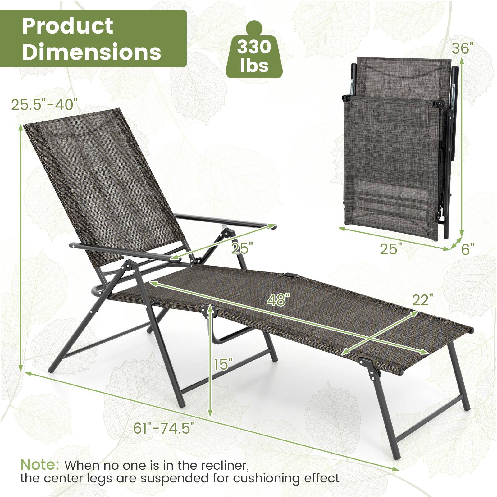 Product Dimensions

- 330 lbs
- 36"
- 25.5"-40"
- 25"
- 25"
- 6"
- 48"
- 22"
- 15"
- 61"-74.5"

Note: When no one is in the recliner, the center legs are suspended for cushioning effect