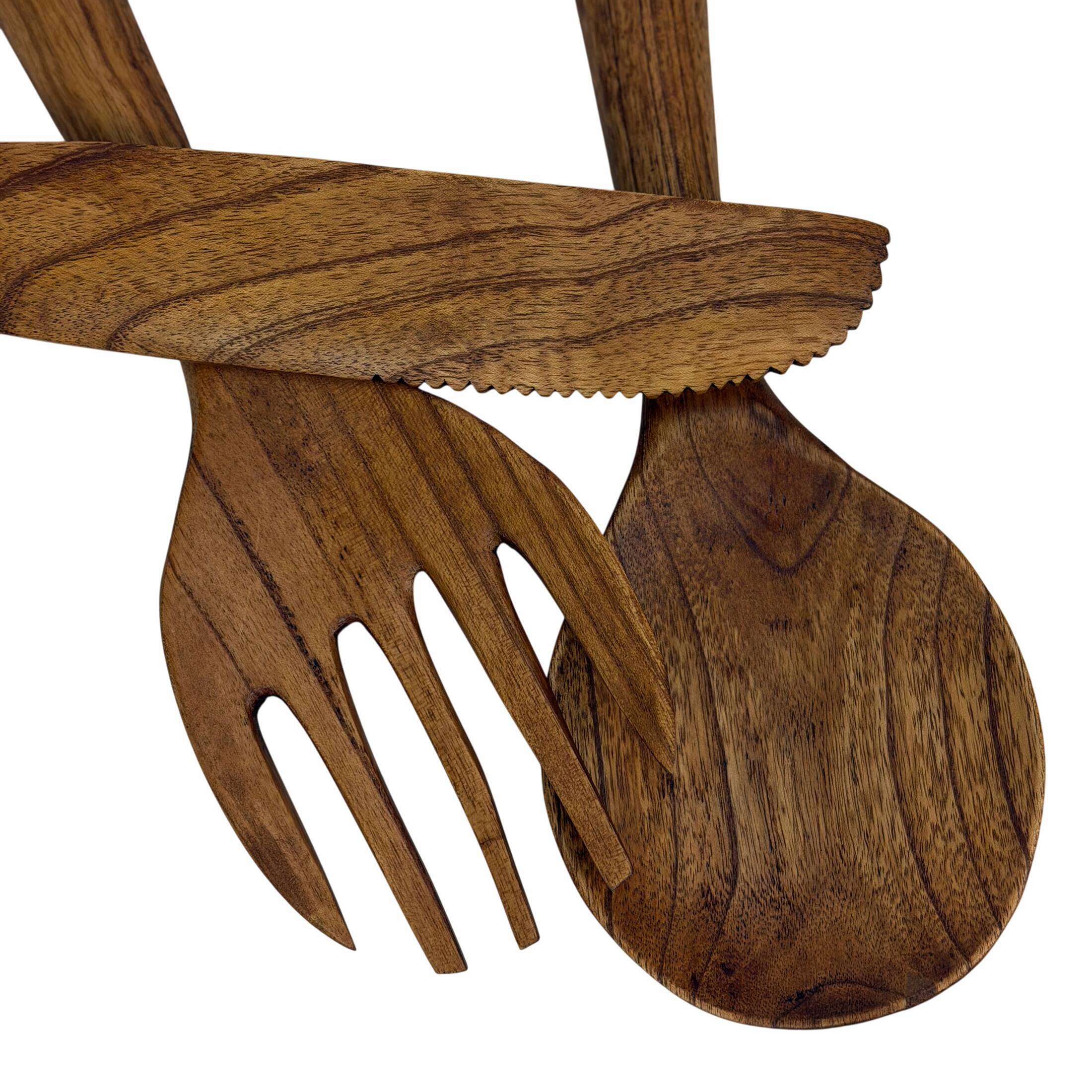 Alt View 7. Zeckos - Oversized Wooden Cutlery Wall Art Set Spoon Fork Knife 24 Inch Kitchen Decor - Natural.