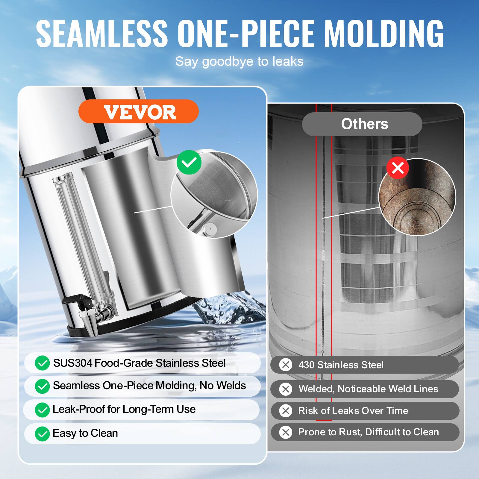 SEAMLESS ONE-PIECE MOLDING  
Say goodbye to leaks  

VEVOR  
- SUS304 Food-Grade Stainless Steel  
- Seamless One-Piece Molding, No Welds  
- Leak-Proof for Long-Term Use  
- Easy to Clean  

Others  
- 430 Stainless Steel  
- Welded, Noticeable Weld Lines  
- Risk of Leaks Over Time  
- Prone to Rust, Difficult to Clean