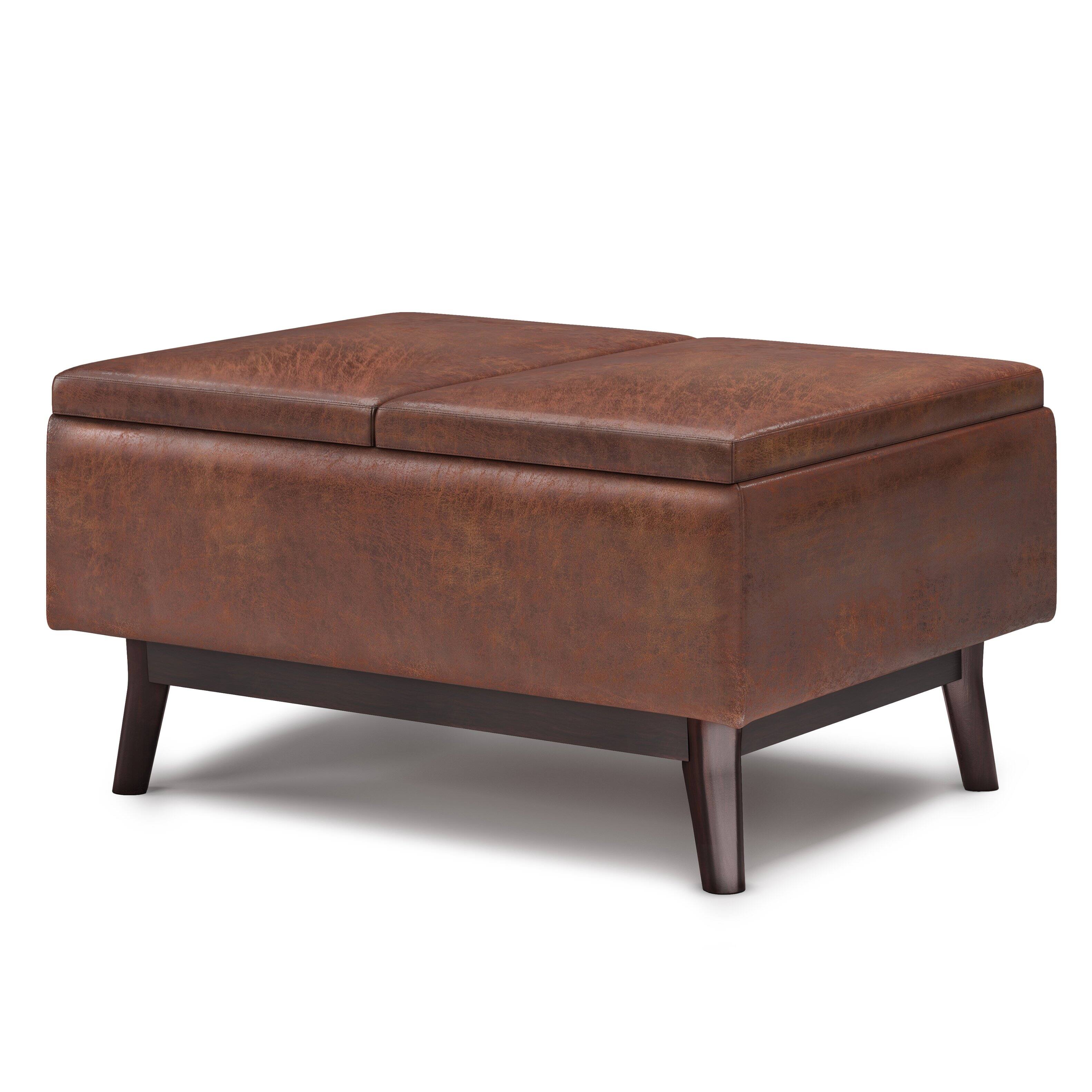 Angle. Simpli Home - Owen Tray Top Small Coffee Table Storage Ottoman - Distressed Saddle Brown.