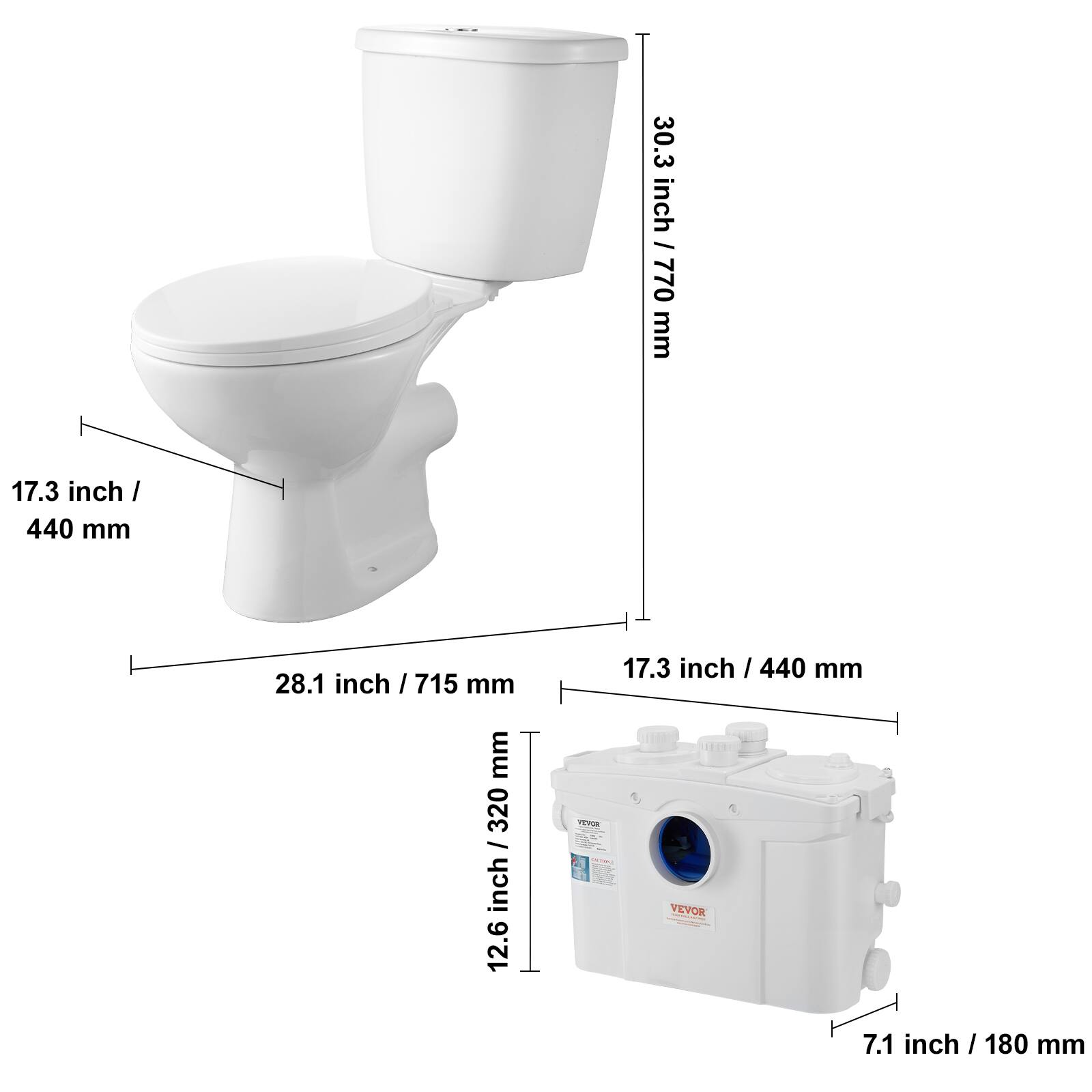 30.3 inch / 770 mm  
17.3 inch / 440 mm  
28.1 inch / 715 mm  
12.6 inch / 320 mm  
7.1 inch / 180 mm