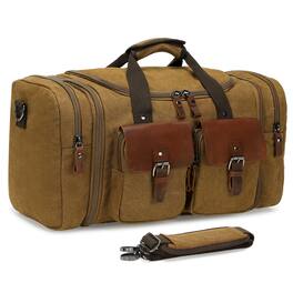Unique Bargains - Canvas Duffle Bag with Genuine Leather Accents Expandable 20-23 Inch Travel Weekender Multiple Pockets - Coffee
