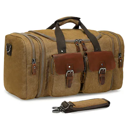 Front. Unique Bargains - Canvas Duffle Bag with Genuine Leather Accents Expandable 20-23 Inch Travel Weekender Multiple Pockets - Coffee.