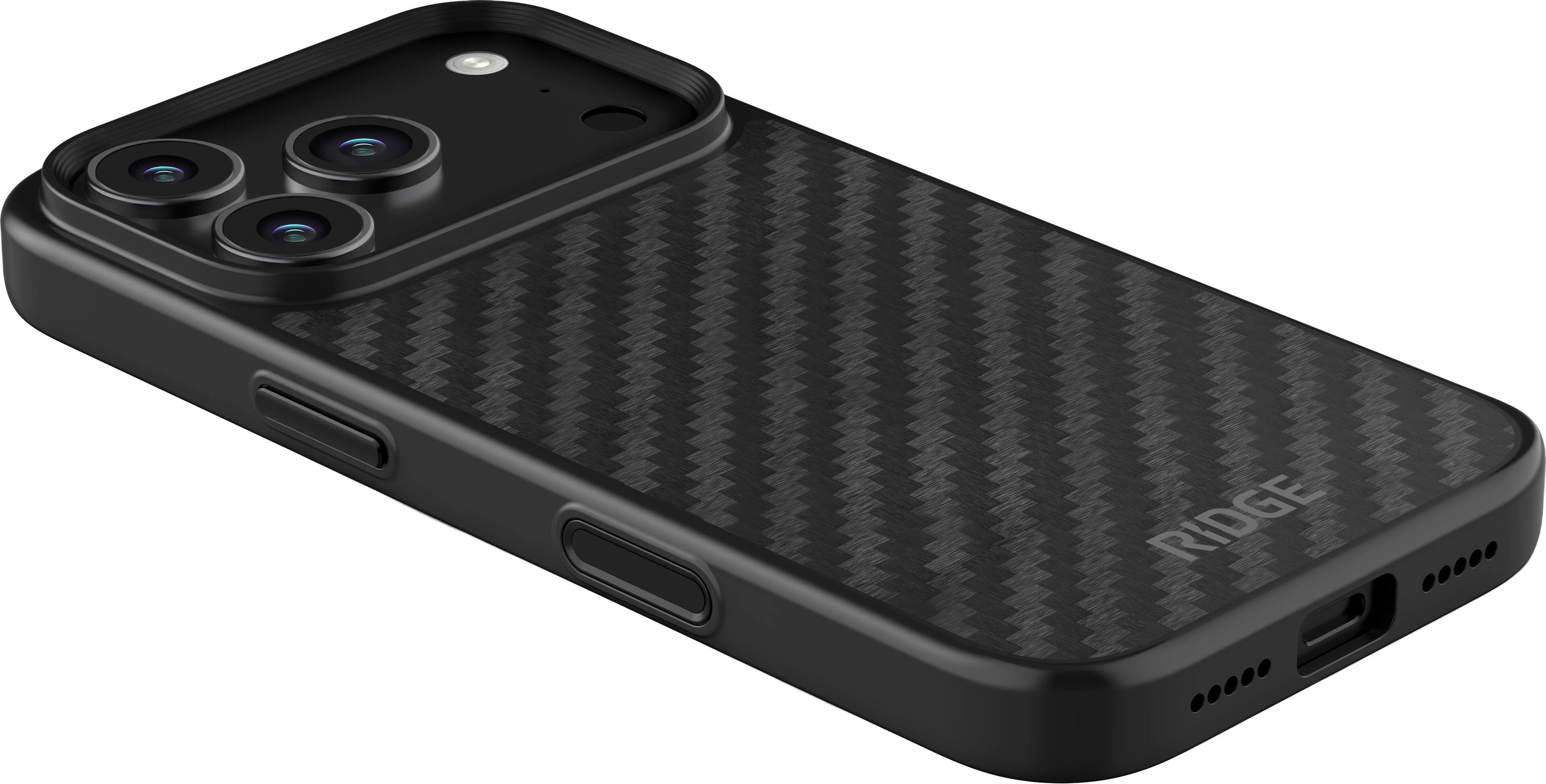 Angle. The Ridge Wallet - Apple iPhone 17 Pro Case - Carbon.