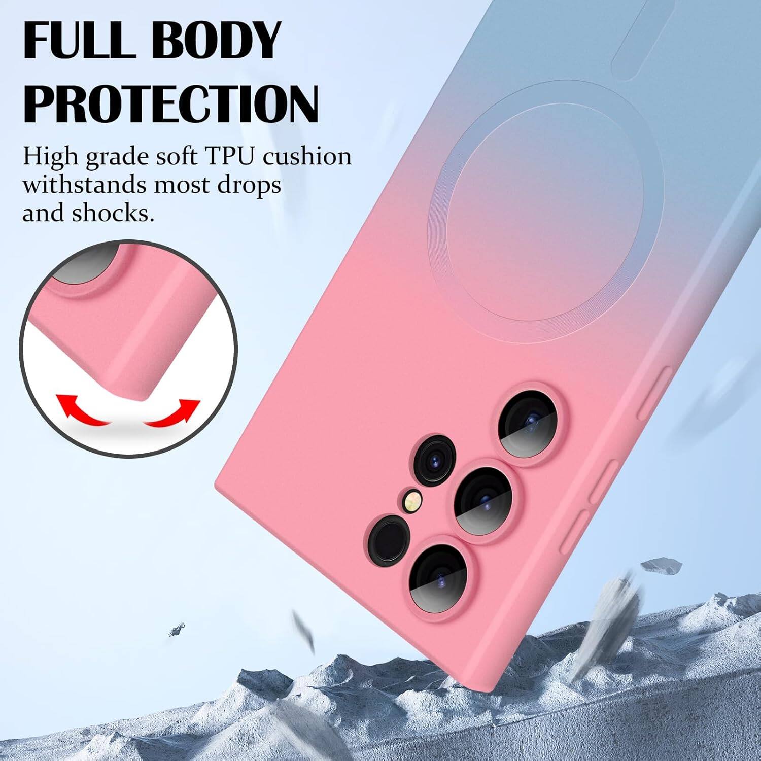 FULL BODY PROTECTION  
High grade soft TPU cushion withstands most drops and shocks.