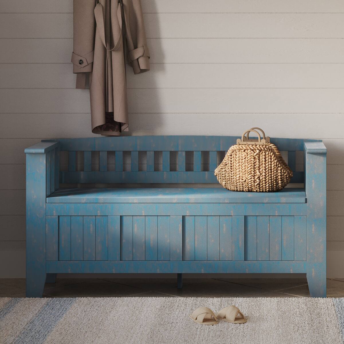 Angle. Simpli Home - Acadian SOLID WOOD 48 inch Wide Transitional Entryway Storage Bench in Distressed Coastal Blue - Distressed Coastal Blue.