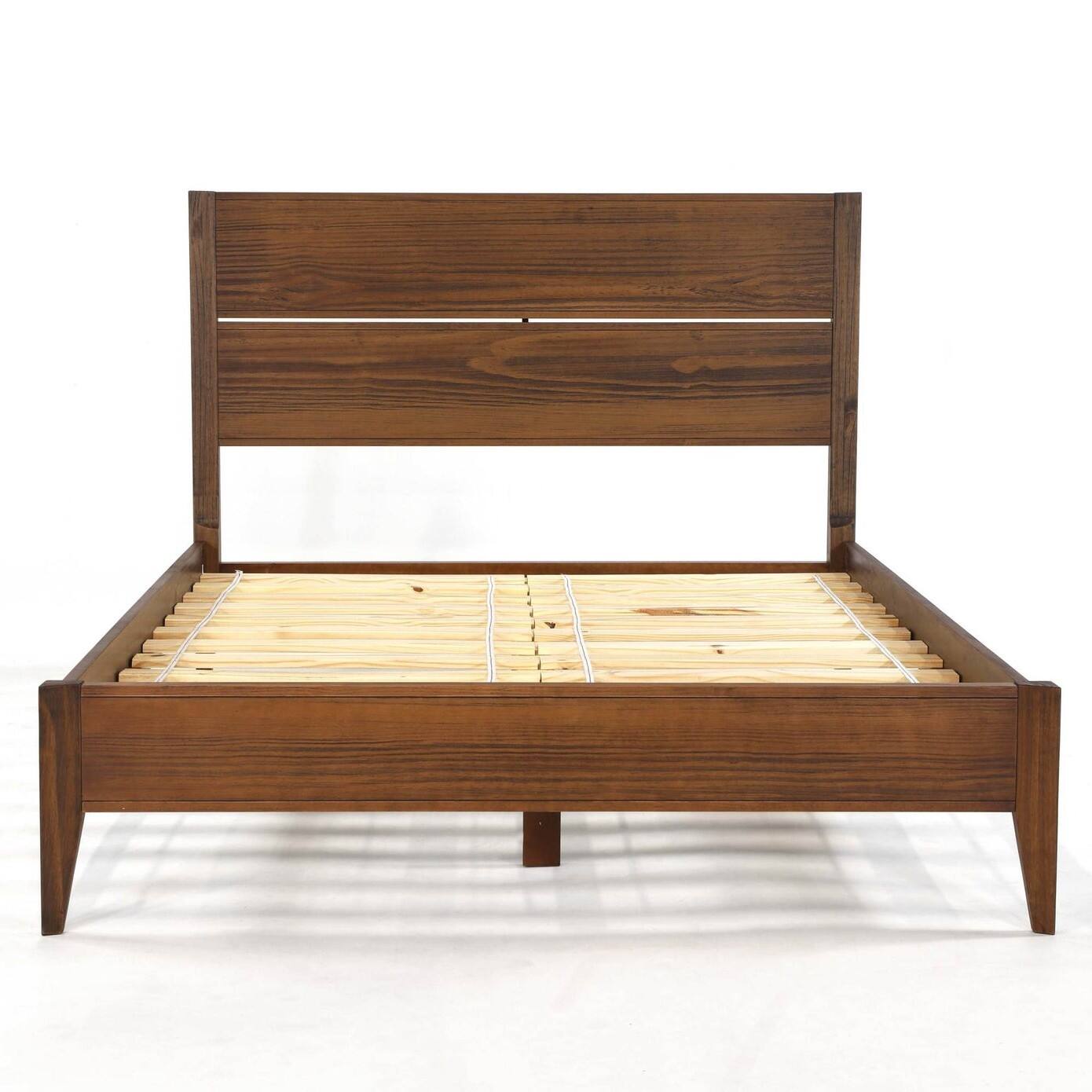 Angle. Hivvago - Queen Size Rustic Walnut Mid Century Slatted Platform Bed - Walnut.
