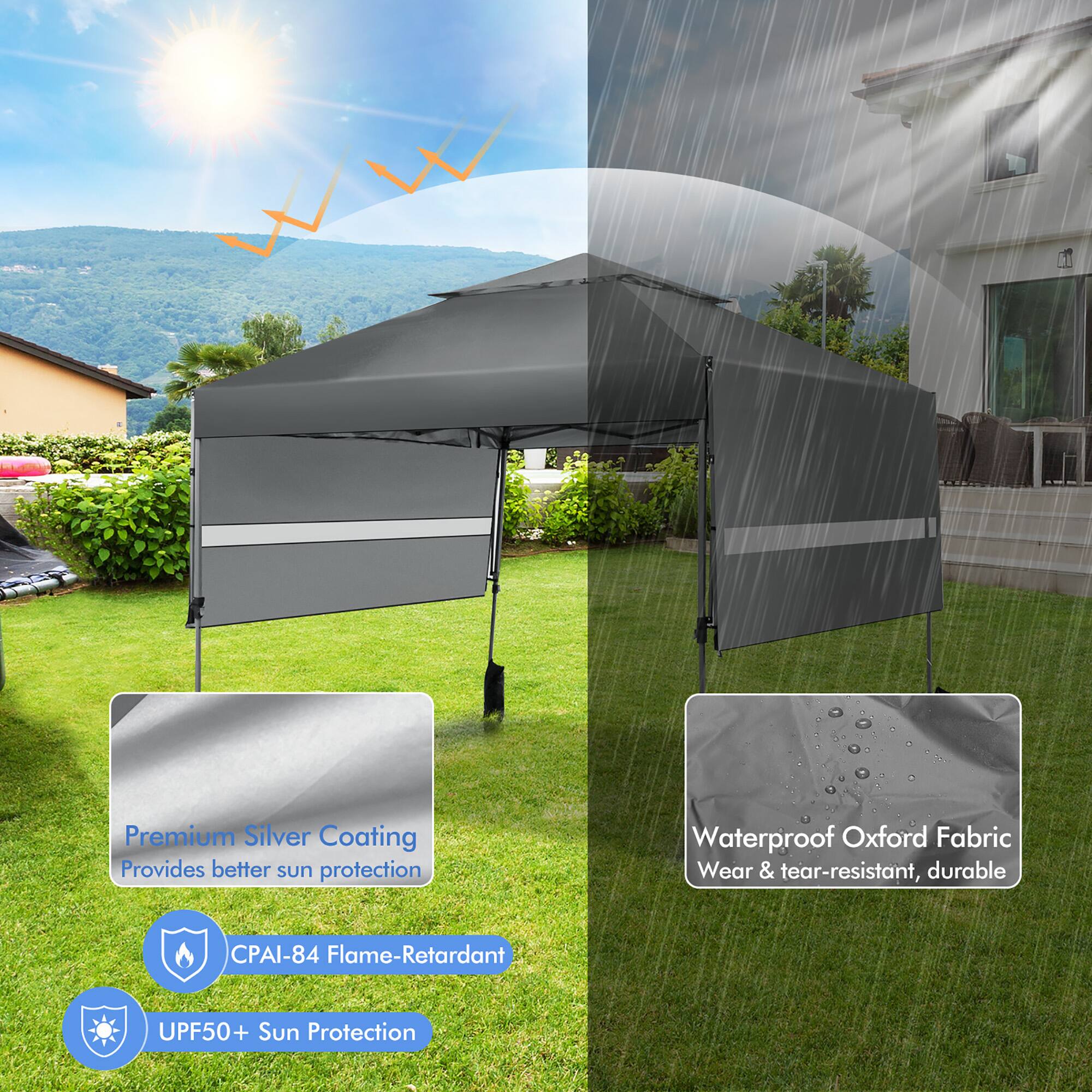Premium Silver Coating  
Provides better sun protection  

CPAI-84 Flame-Retardant  

UPF50+ Sun Protection  

Waterproof Oxford Fabric  
Wear & tear-resistant, durable