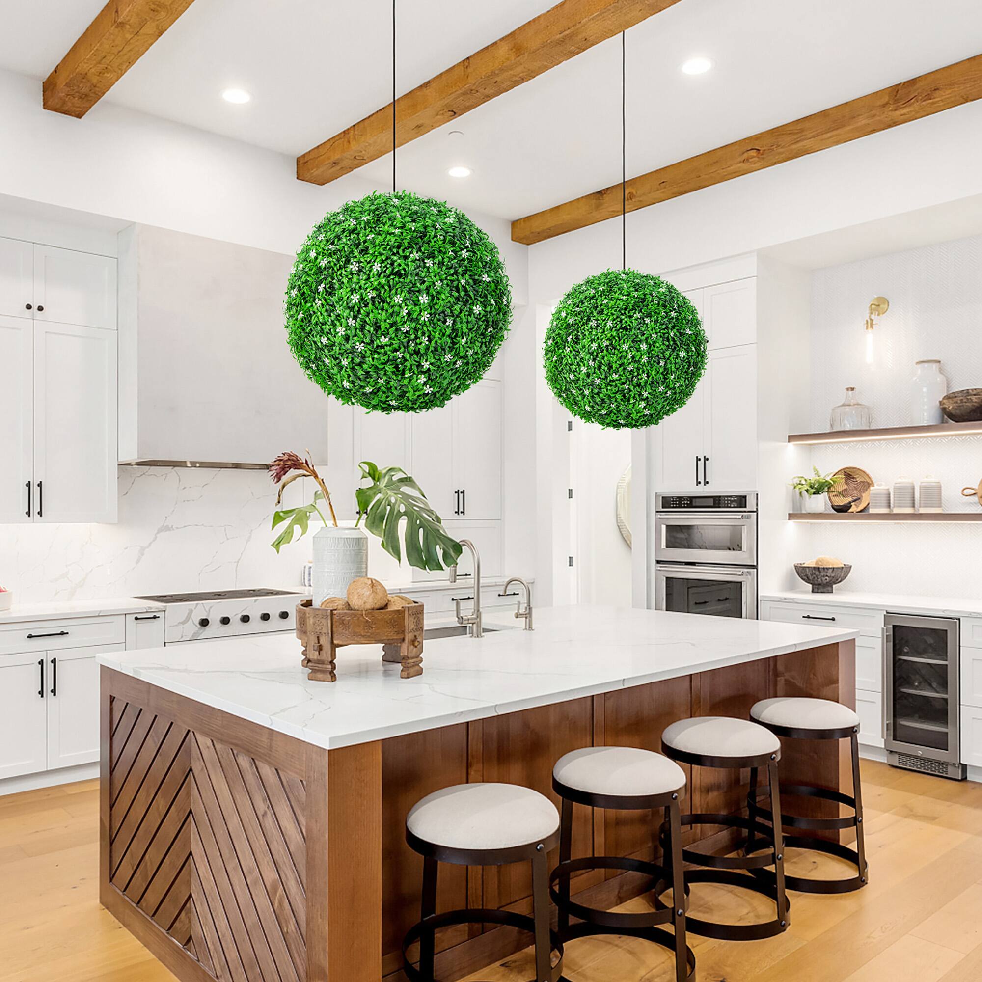 Alt View 2. Gymax - Gymax 2 PCS Artificial White Flower Grass Topiary Balls 19'' Faux Balls Indoor Outdoor - Green, White.