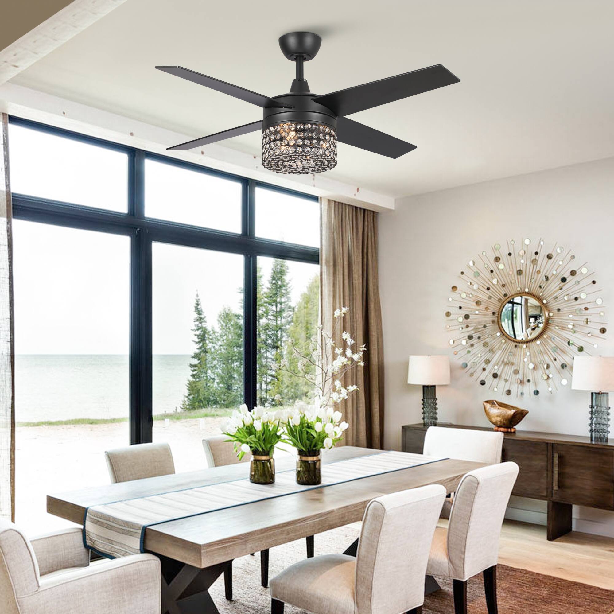 Left. Parrot Uncle - 48" Black Wood 4-Blade Crystal Fandelier Ceiling Fan with Remote and Light - Black.