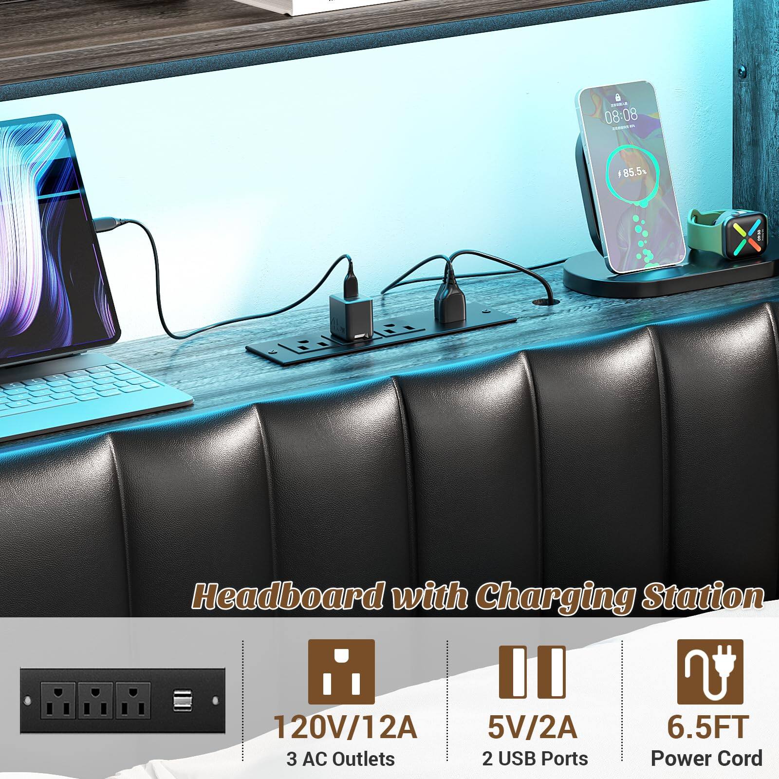 6 - 08:08 - - I 85.5% X Headboard with Charging Station U 120V/12A 2A 5V/2A 6.5FT 3 AC Outlets 2 USB Ports Power Cord