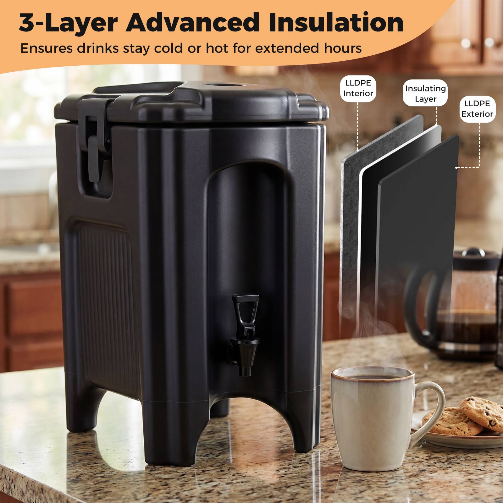 3-Layer Advanced Insulation  
Ensures drinks stay cold or hot for extended hours  

LLDPE Interior  
Insulating Layer  
LLDPE Exterior
