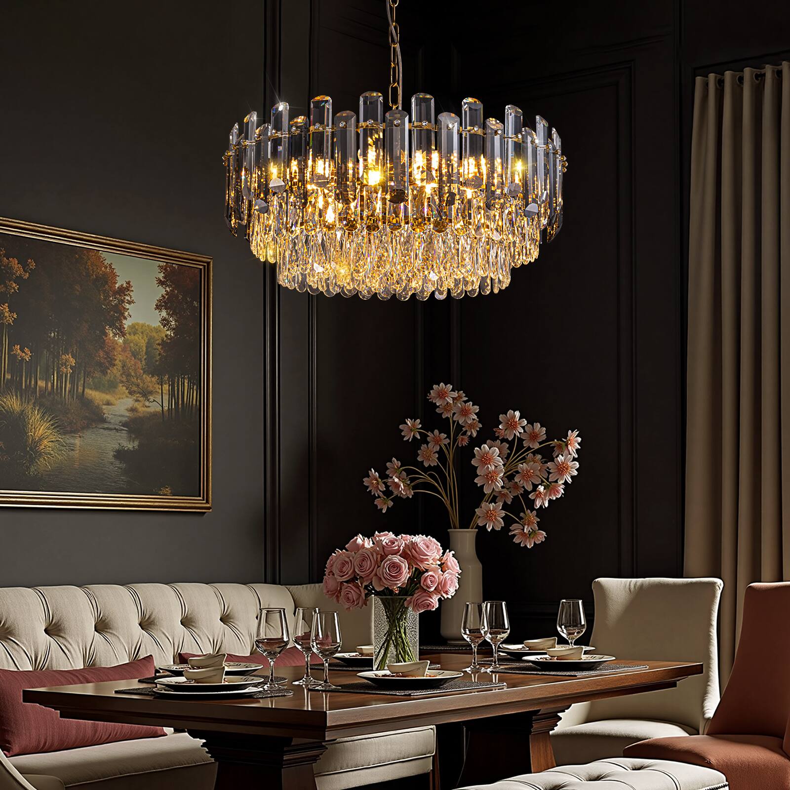 Back. Siljoy - 23.6-inch 13-Light Modern Crystal Empire Chandelier, Antique Gold Brass Ceiling Light for Bedroom and Foyer - Gold Brass.