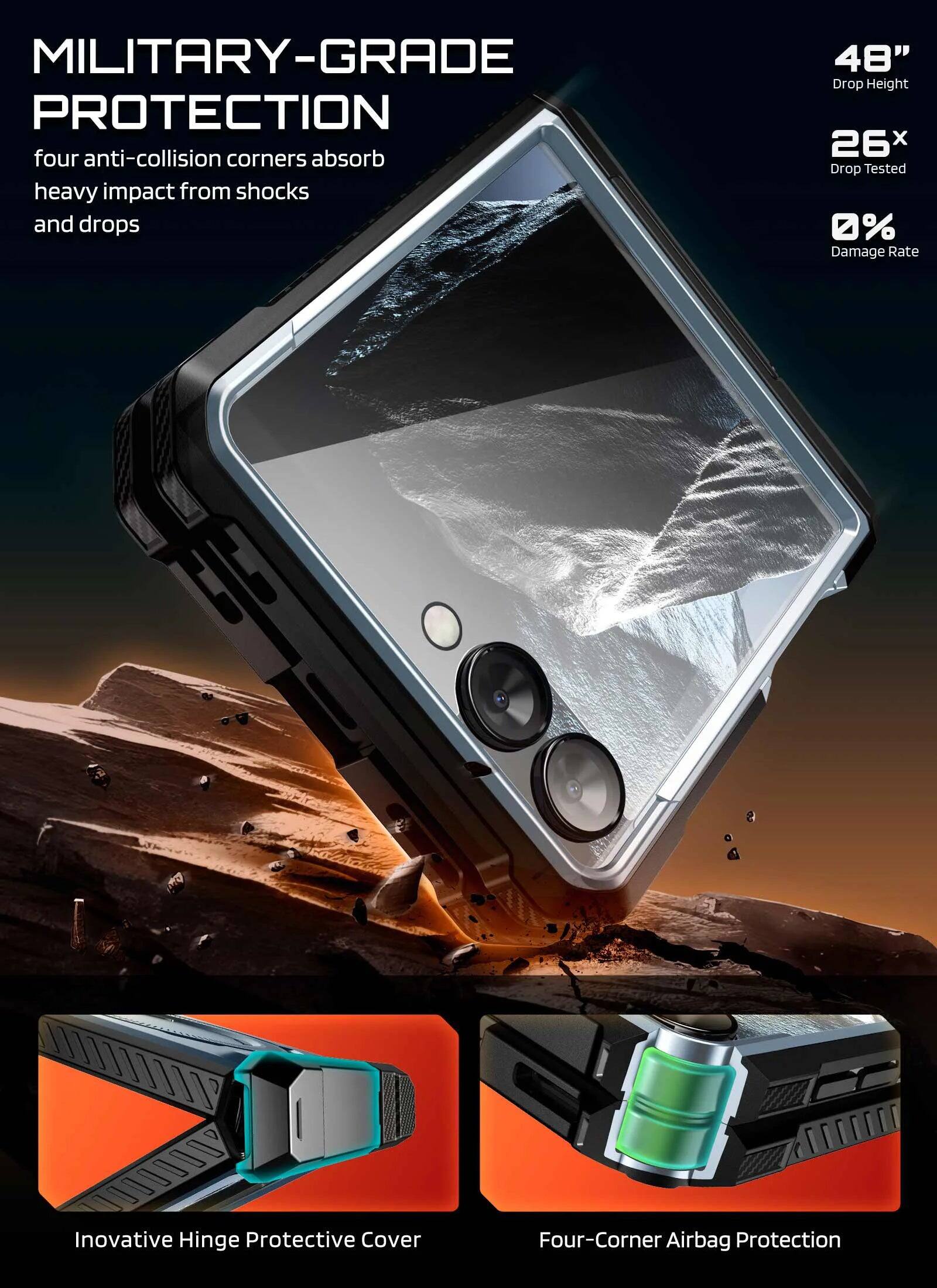 MILITARY-GRADE PROTECTION

four anti-collision corners absorb heavy impact from shocks and drops

48" Drop Height
26x Drop Tested
0% Damage Rate

Innovative Hinge Protective Cover
Four-Corner Airbag Protection