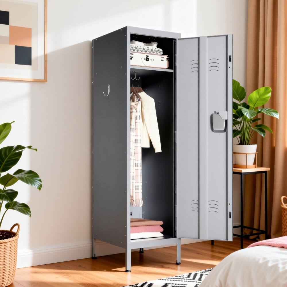 Alt View 4. Loheer - Loheer 55 Inch Tall Metal Wardrobe Cabinet Waterproof Steel Clothing Locker Lockable Slim Vertical Wardrobe - Matte Gray.