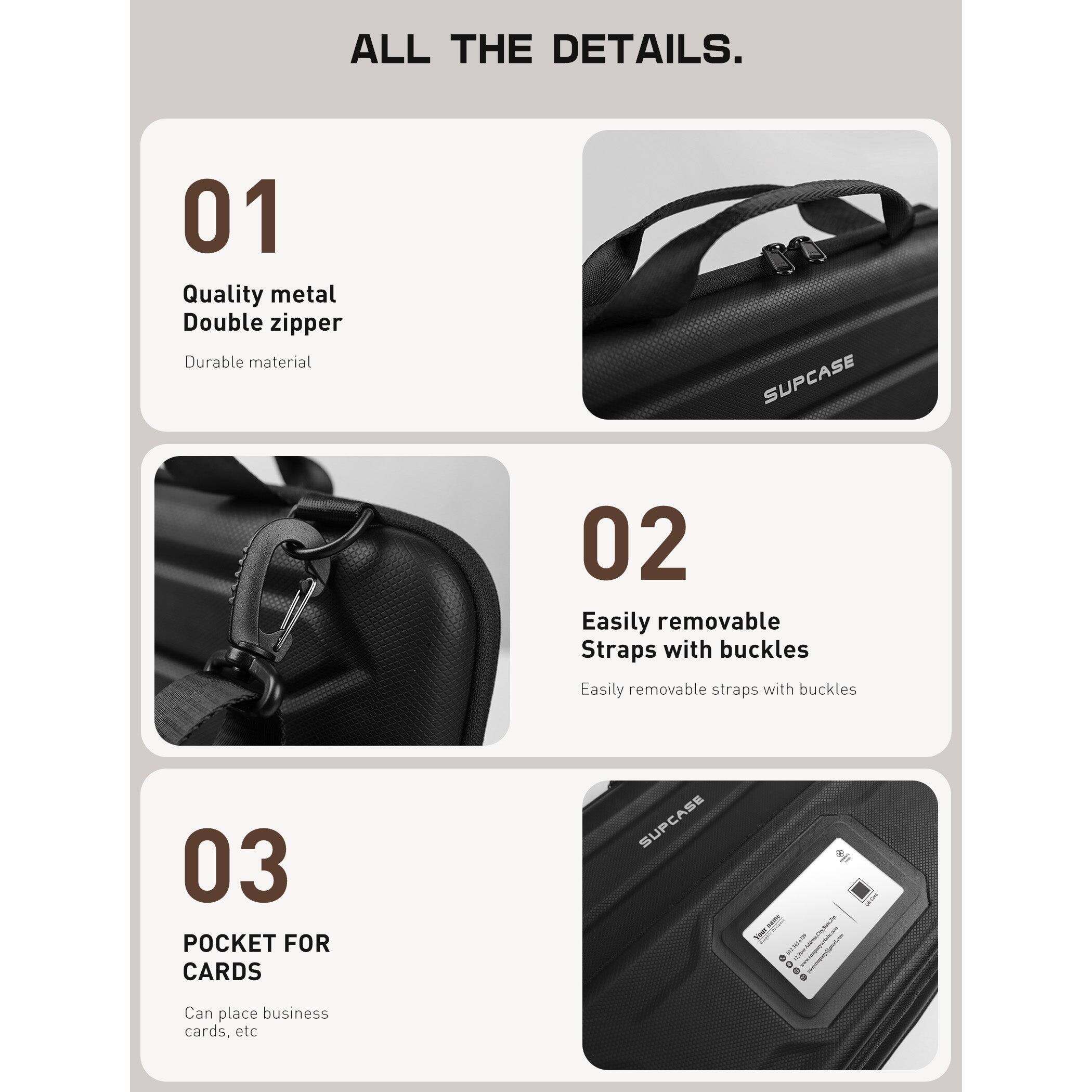 ALL THE DETAILS.

01  
Quality metal  
Double zipper  
Durable material  

02  
Easily removable  
Straps with buckles  
Easily removable straps with buckles  

03  
POCKET FOR  
CARDS  
Can place business cards, etc
