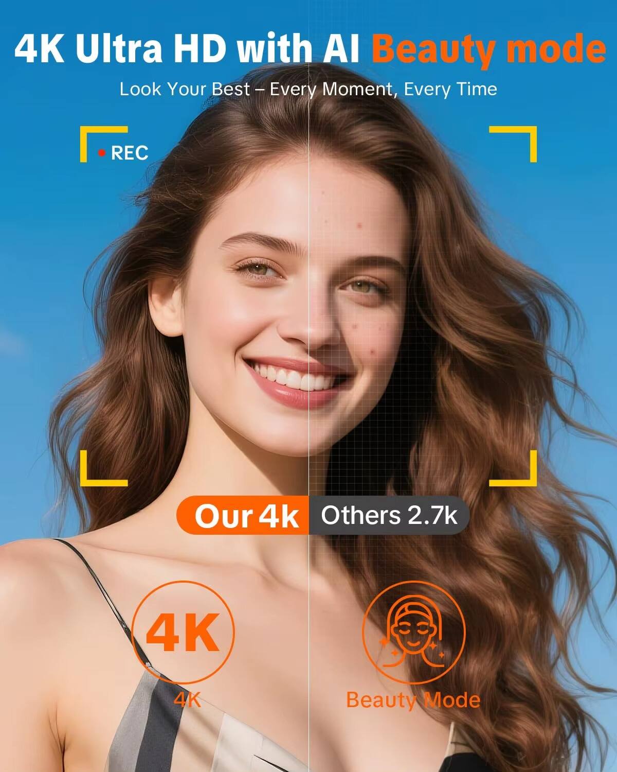 4K Ultra HD with AI Beauty mode  
Look Your Best - Every Moment, Every Time  

REC  

Our 4K  
Others 2.7k  

4K  
4K  

Beauty Mode