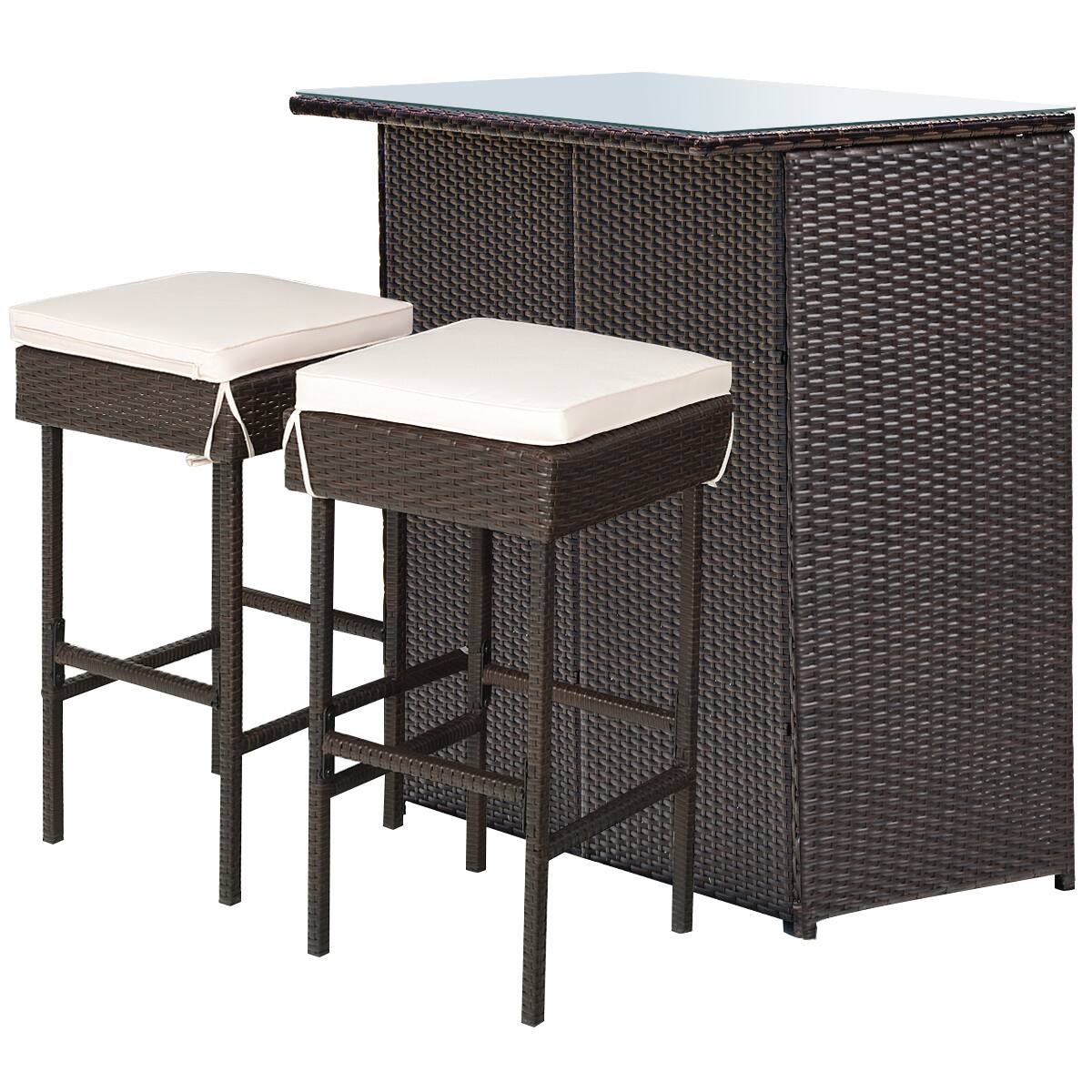 Left. Costway - 3PCS Patio Rattan Wicker Bar Table Stools Dining Set Cushioned Chairs Garden - Mixed Brown/White.