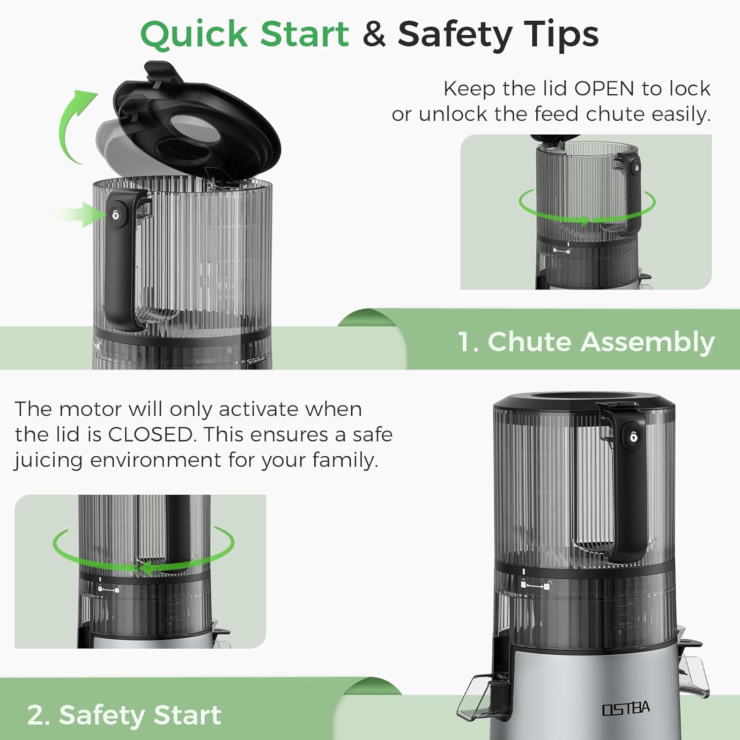 Quick Start & Safety Tips

Keep the lid OPEN to lock or unlock the feed chute easily.

1. Chute Assembly
The motor will only activate when the lid is CLOSED. This ensures a safe juicing environment for your family.

2. Safety Start