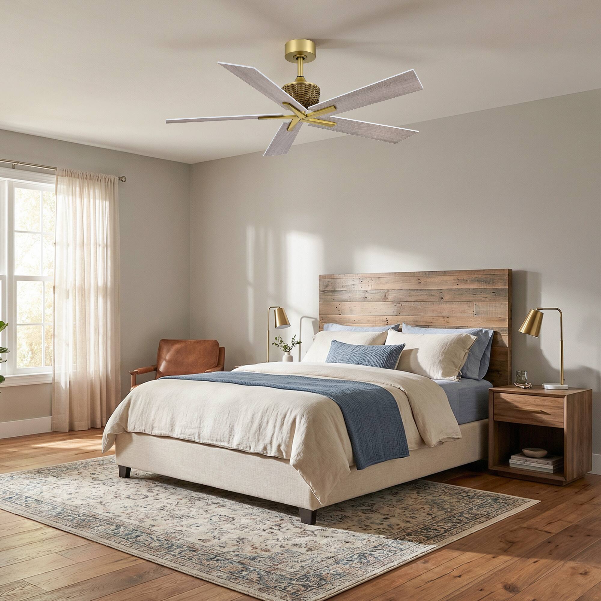 Back. Parrot Uncle - 52" Weathered Grey Oak Plywood 5-Blade Indoor Ceiling Fan with Remote and No Light - Gold.