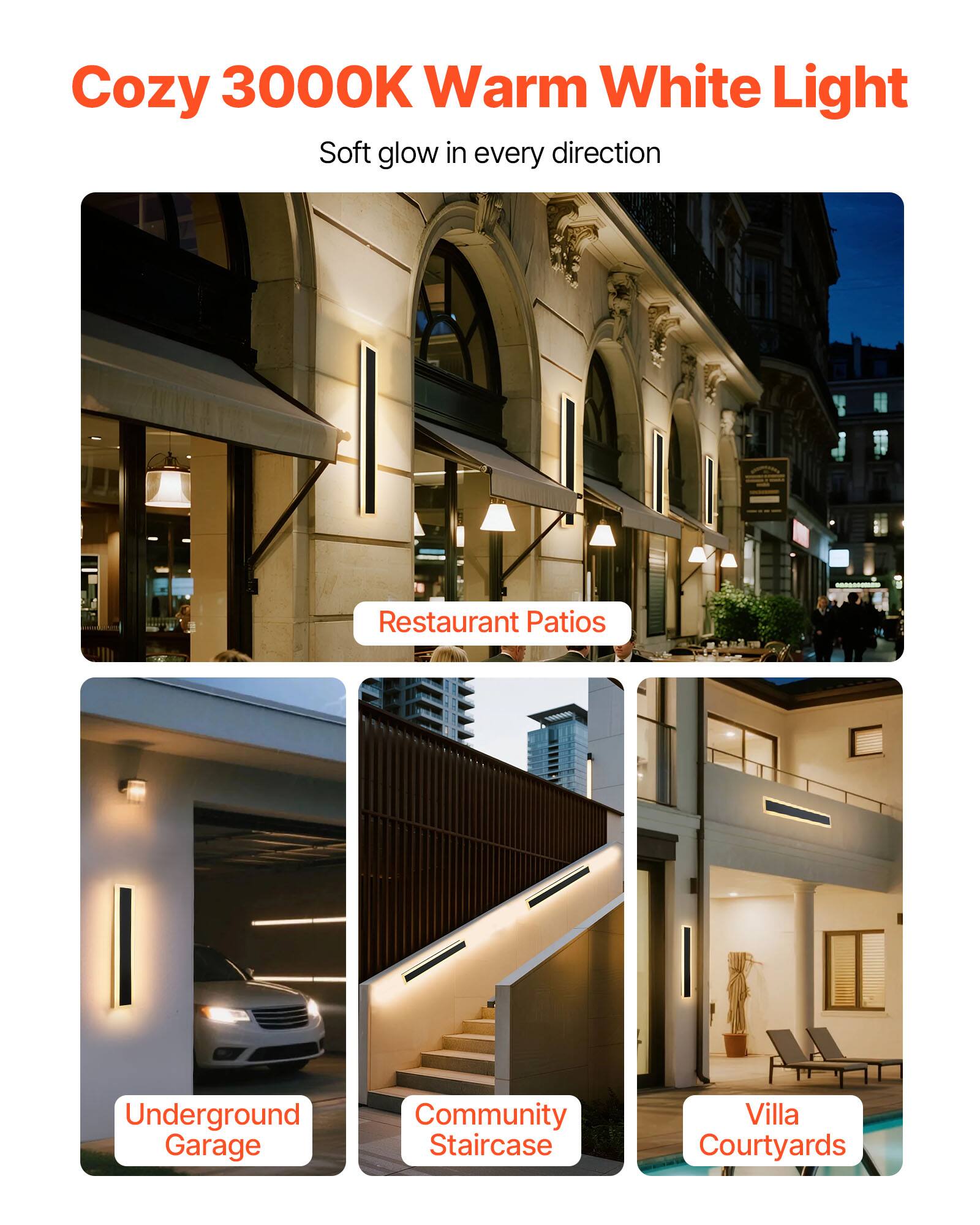 Cozy 3000K Warm White Light  
Soft glow in every direction  

Restaurant Patios  

Underground Garage  

Community Staircase  

Villa Courtyards