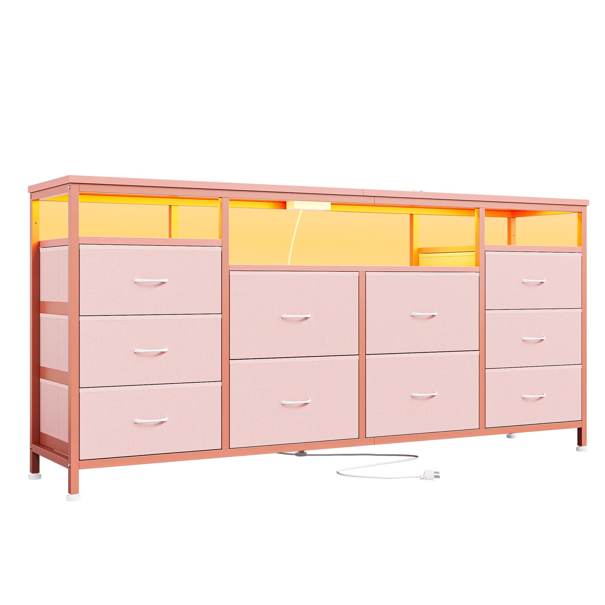 Acekool - 63" Long Dresser with 10 Fabric Drawers, TV Stand for Up to 75 Inch TV, Entertainment Center with LED Lights - Pink